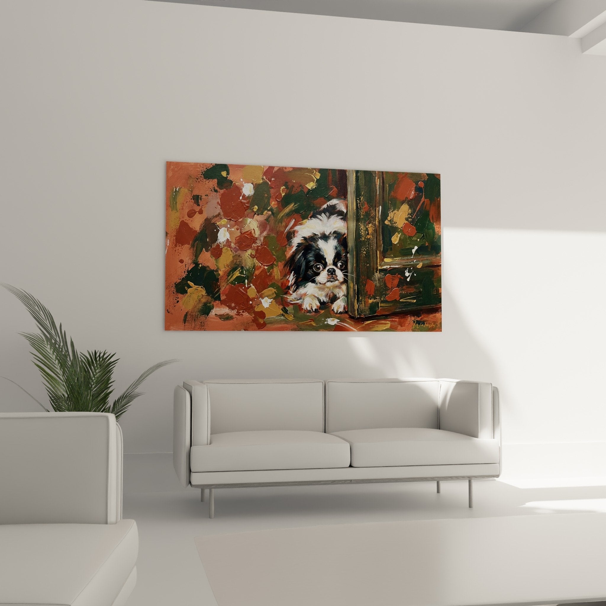 Close-up Japanese spaniel expressive gaze black and white coat wooden window artistic detail painting