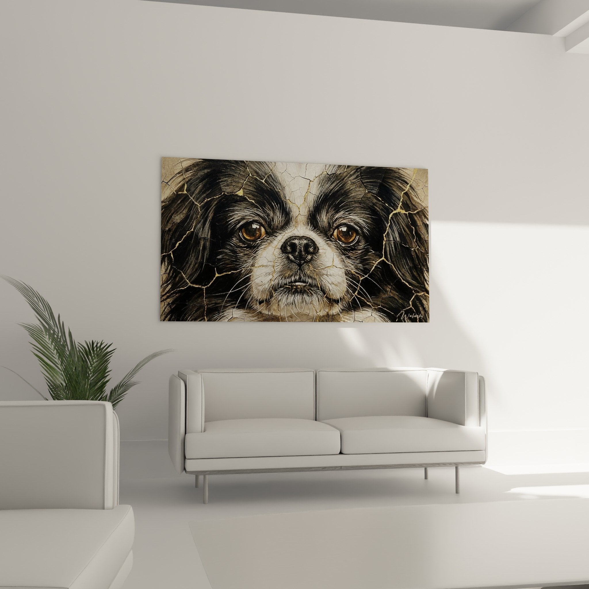 Dettaglio ritratto Spaniel Giapponese che mostra texture screpolata e sguardo espressivo