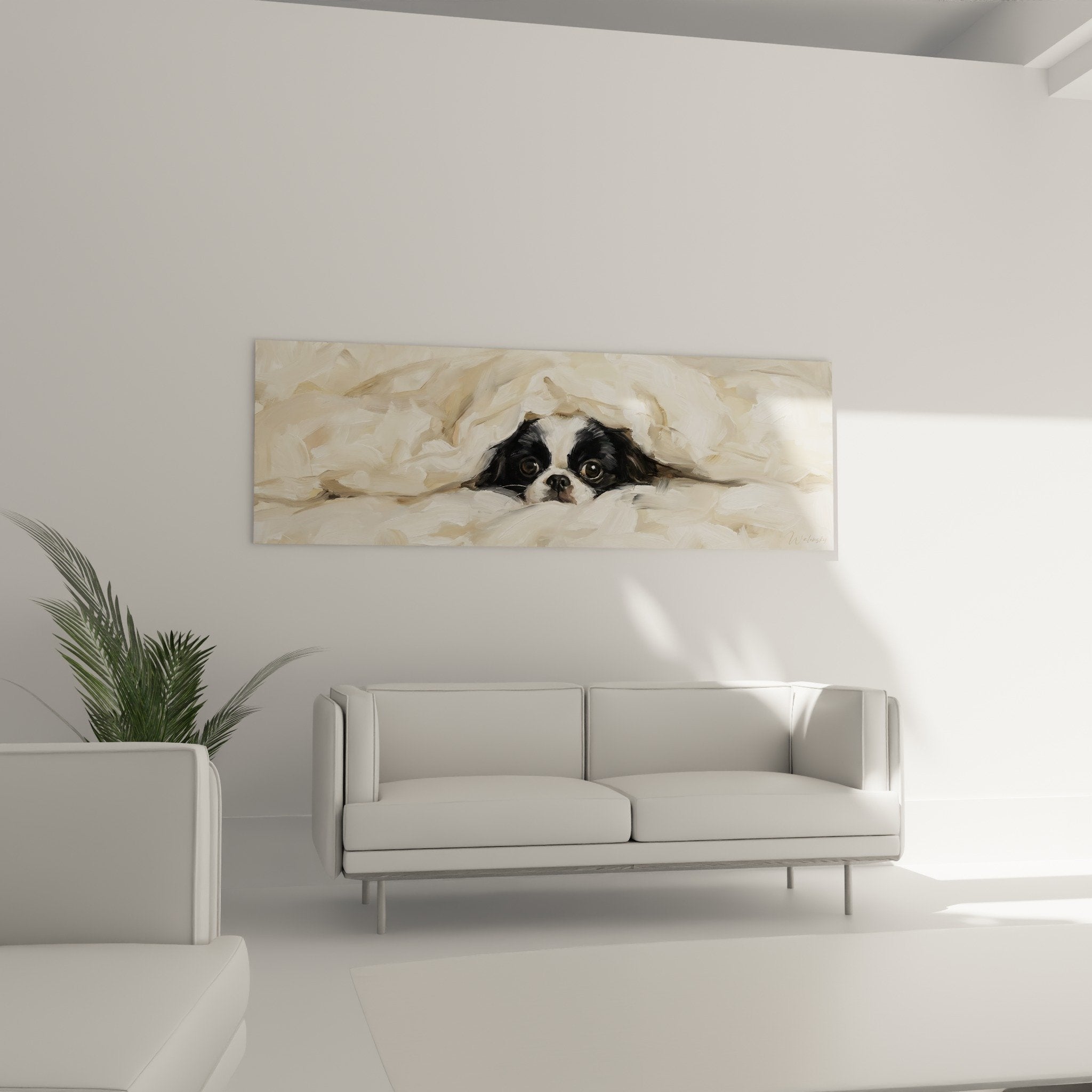 Japanese spaniel painting detail expressive eyes impasto texture crumpled cover cream tones