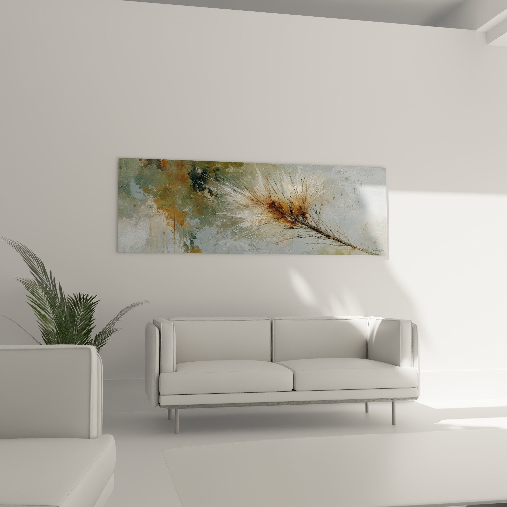 Détail tableau épi blé technique mixte coulures dorées ocres texture empâtement lumière naturelle