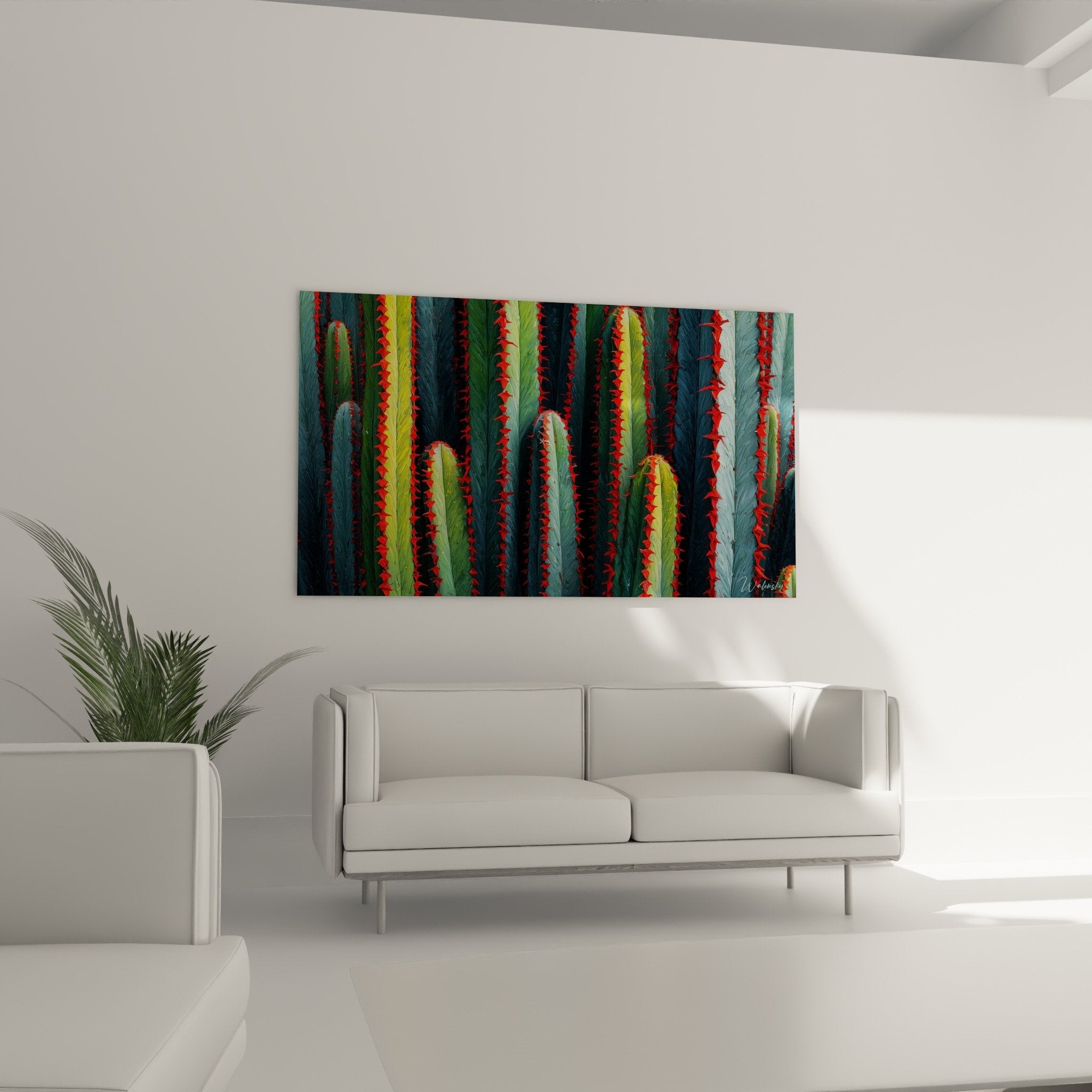 Vibrant red spines stylized cactus striped green texture geometric cubist modern art detail