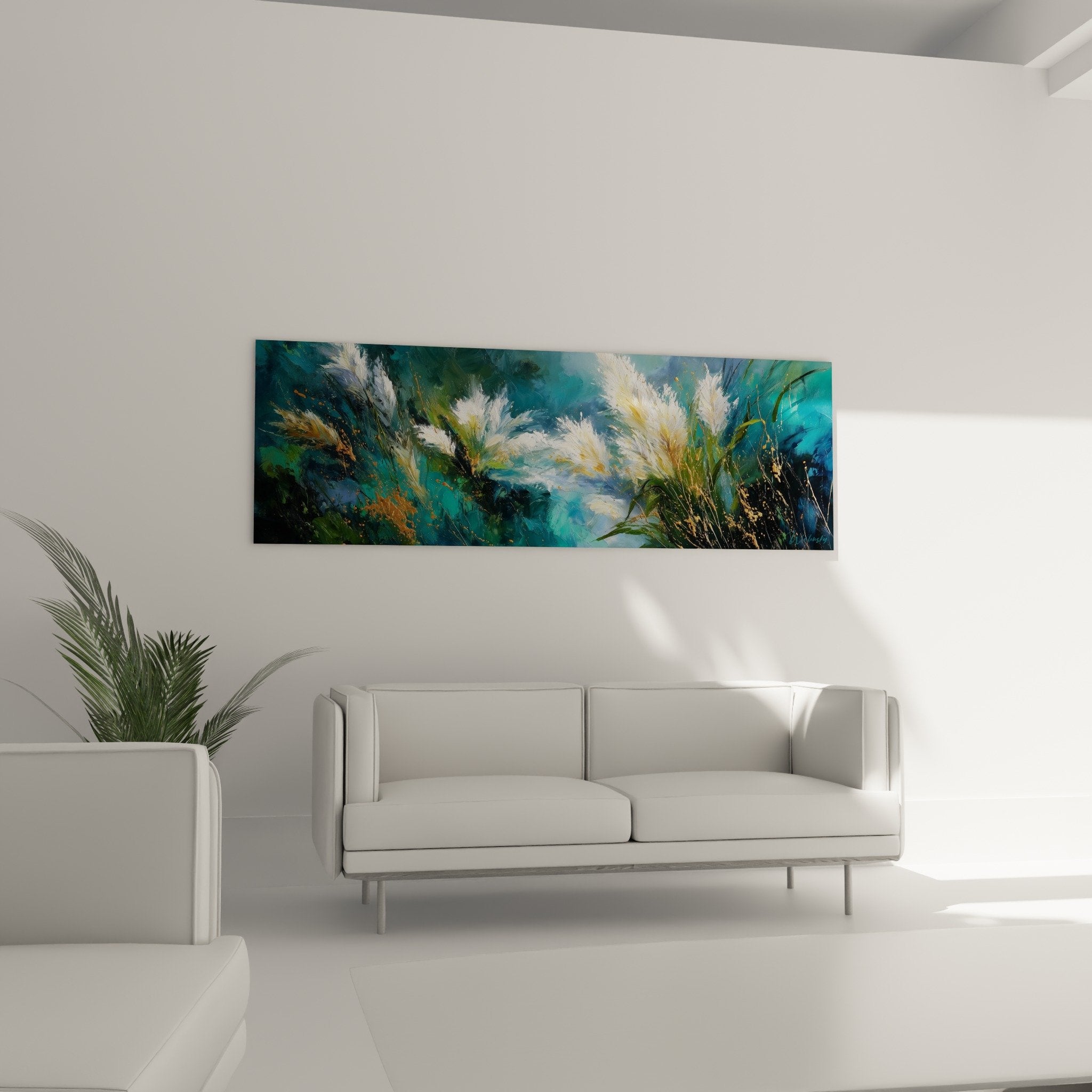 Détail rapproché épis blancs dorés graminées sur fond turquoise, texture picturale riche et lumineuse visible