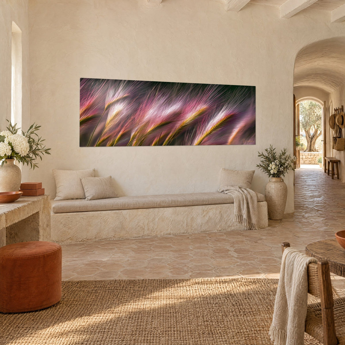 Wall art of grasses in motion, golden stems and purple plumes swaying in the wind, on a rendered wall of a Provençal farmhouse