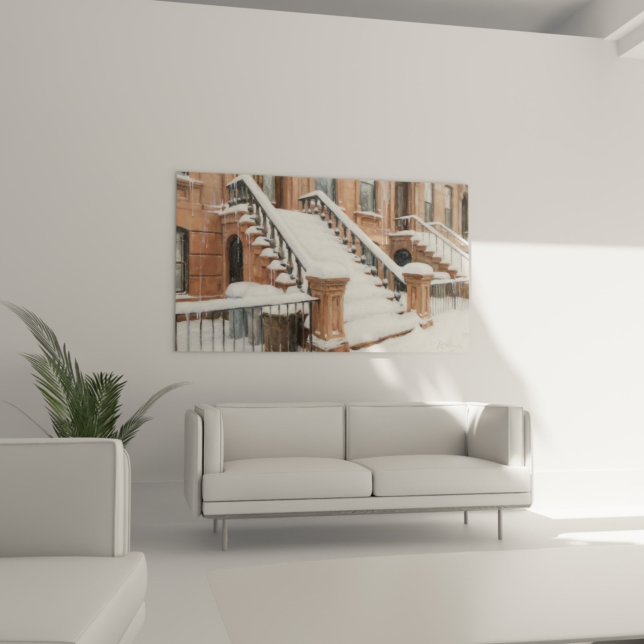 Detail escalier enneige rampe fer forge stalactites neige Brooklyn architecture urbaine