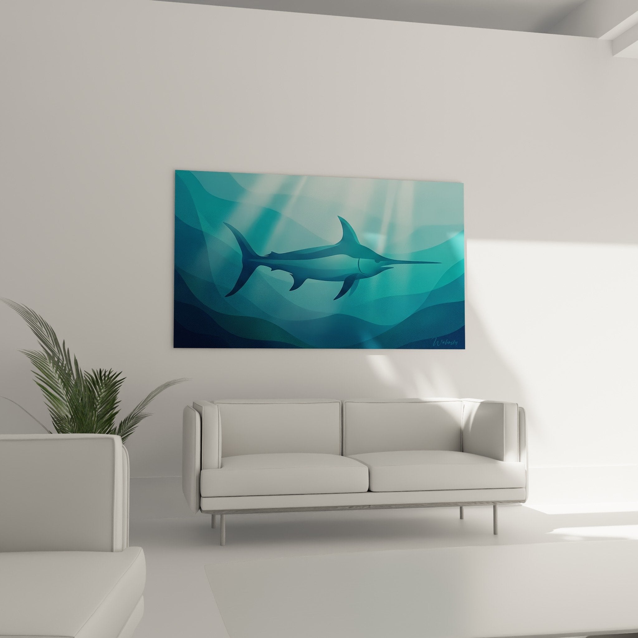 Detail tableau espadon formes geometriques triangles turquoise bleu cyan art moderne marine