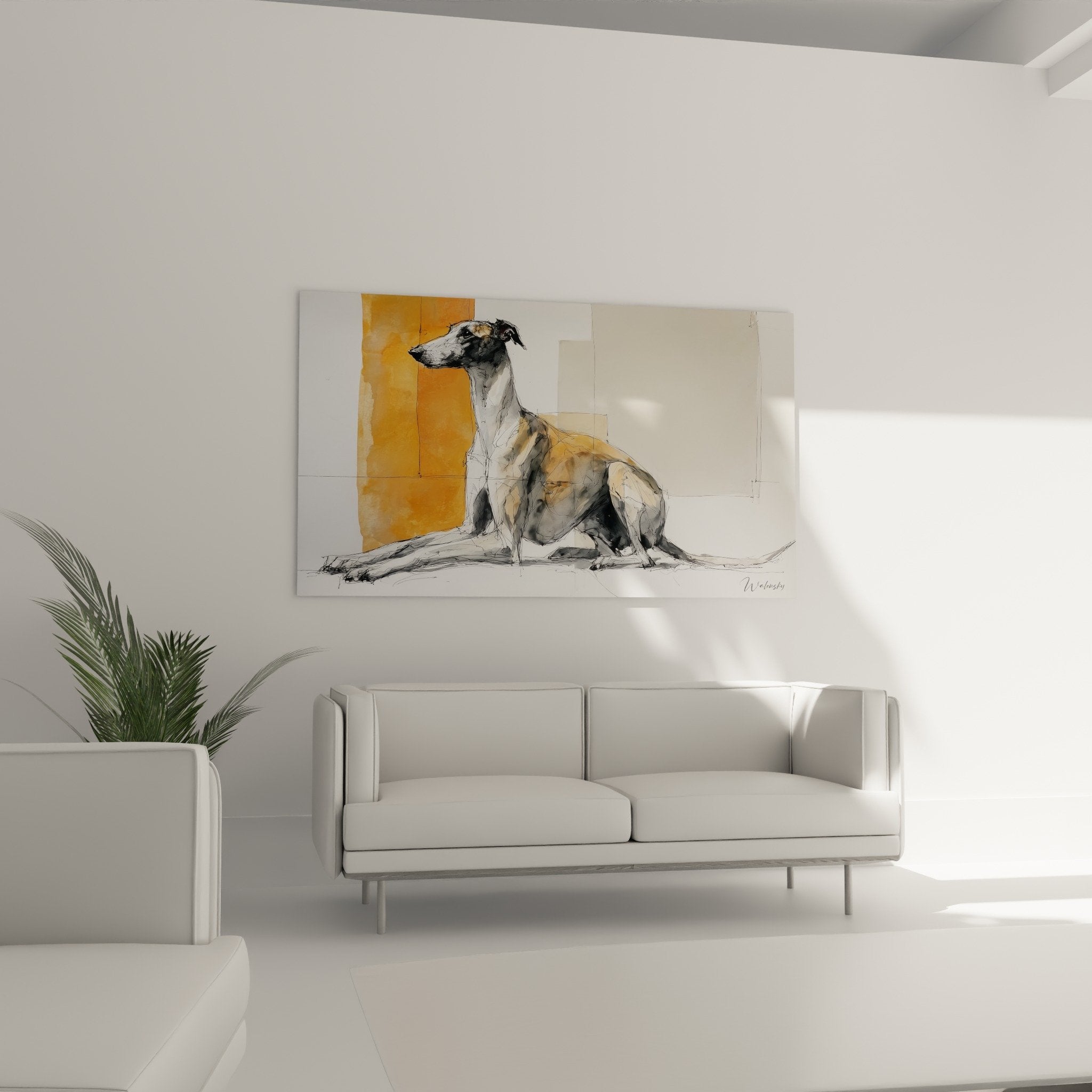 Détail esquisse lévrier Barzoi dessin trait noir aquarelle orange technique mixte art contemporain animalier