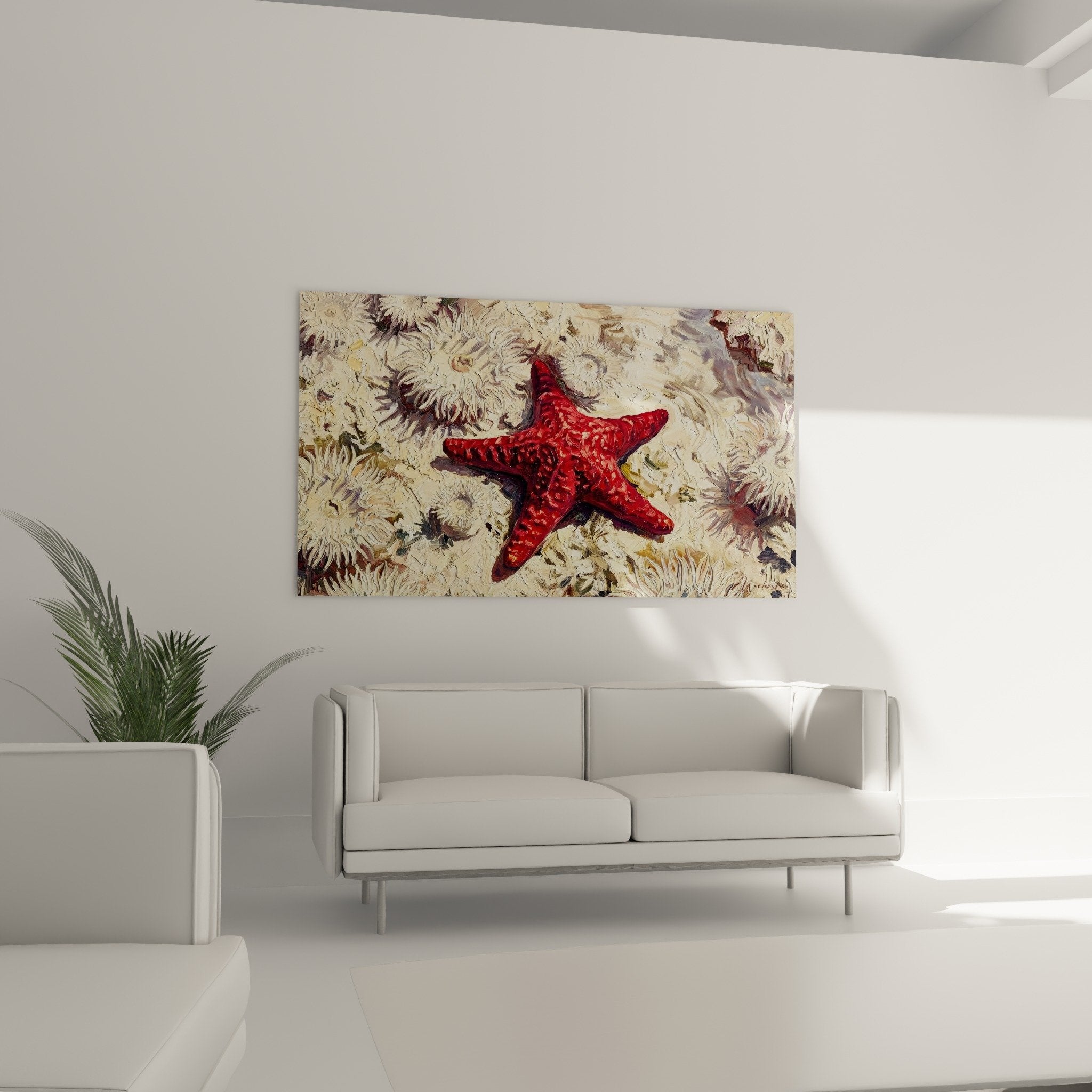 Nahaufnahme leuchtend roten Seesterns auf weißen Anemonen, raue gemalte Texturen und starke Farbkontraste