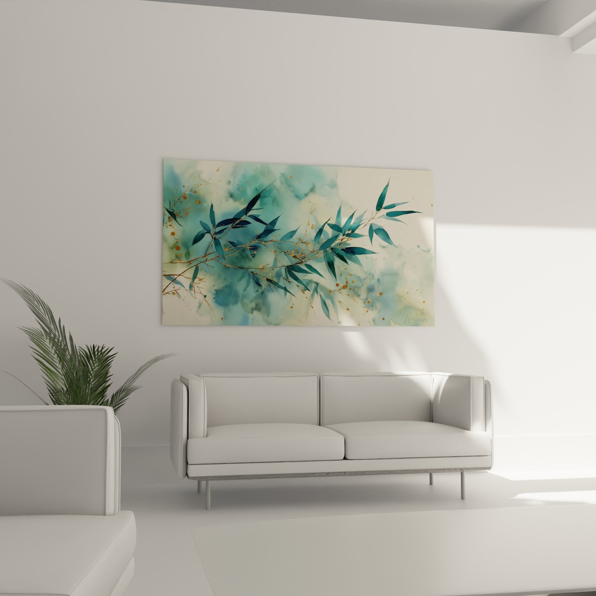 Watercolor eucalyptus leaves detail blue green golden splashes misty artistic zen effect