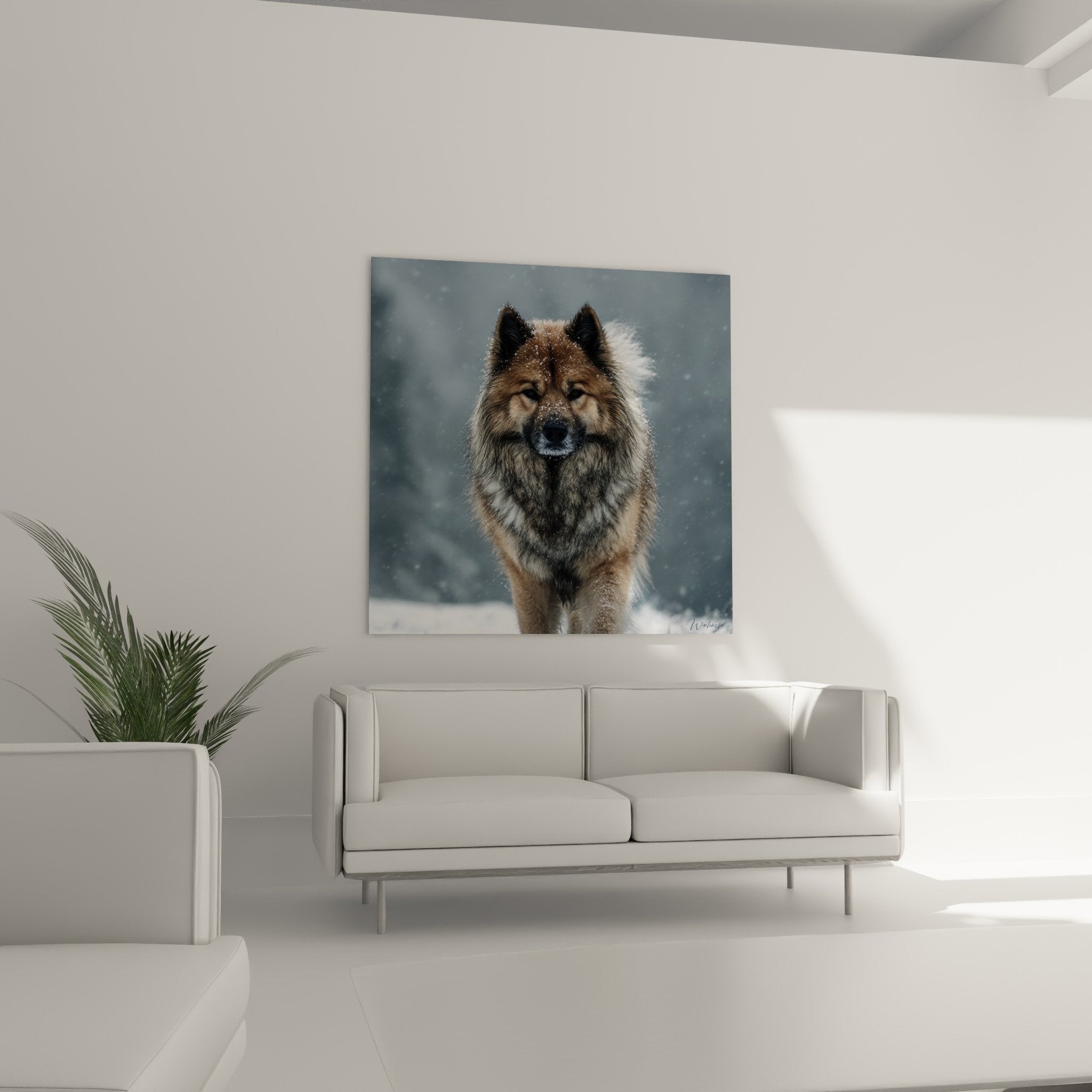 Eurasier dog portrait detail snowflakes dense copper coat expressive eyes realistic animal art