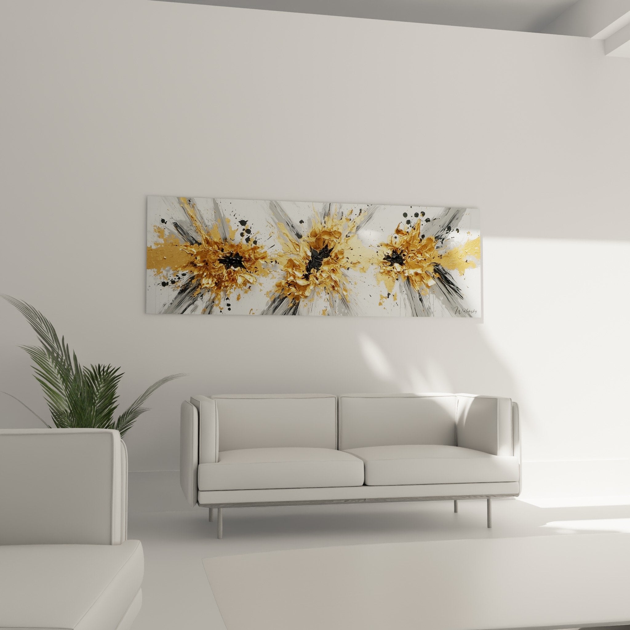 Détail explosion dorée tableau abstrait moderne texture or liquide rayons gris contraste noir profondeur