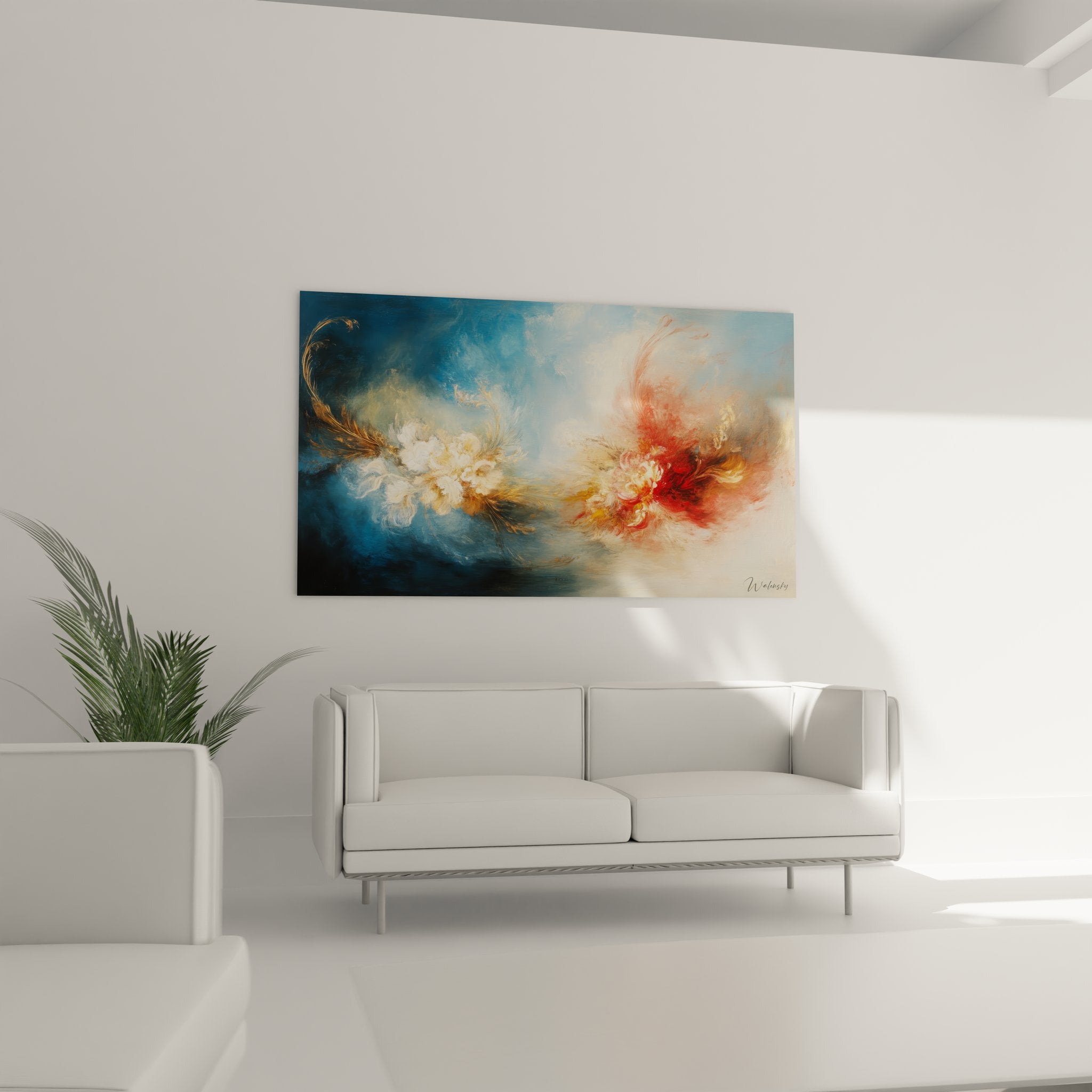 Gros plan détail tableau explosion florale abstraite, brushstrokes expressifs et couleurs vives rouge orange