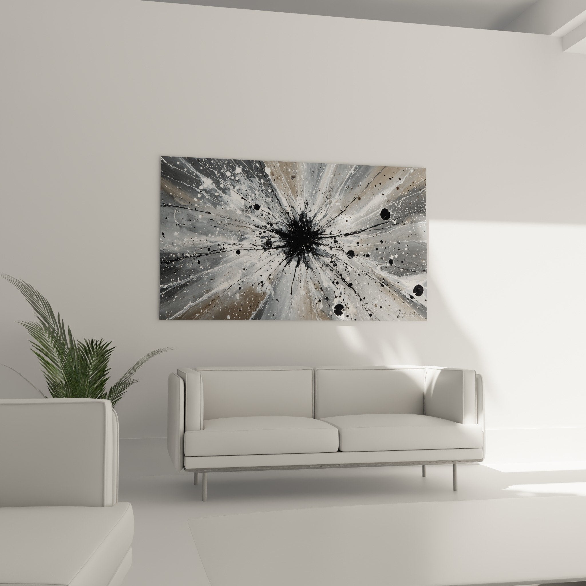 Abstract painting detail black explosion projections splashes droplets on metallic gray background