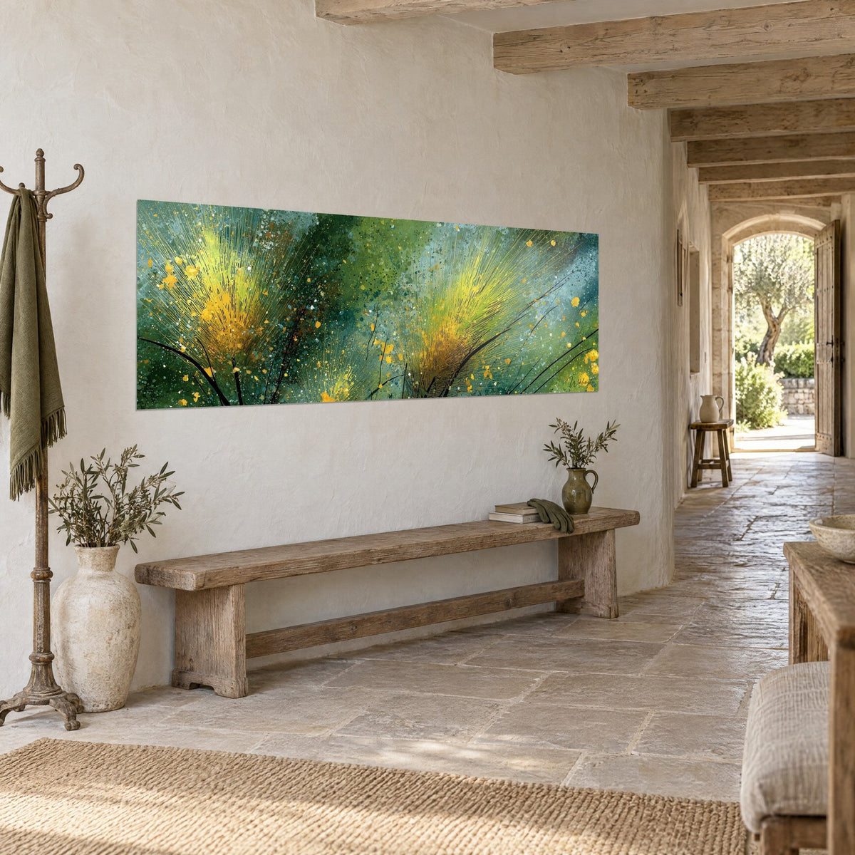 Wall art with thin sun-yellow spikes and sage green, golden splashes on a wooden bench, at the end of a stone corridor