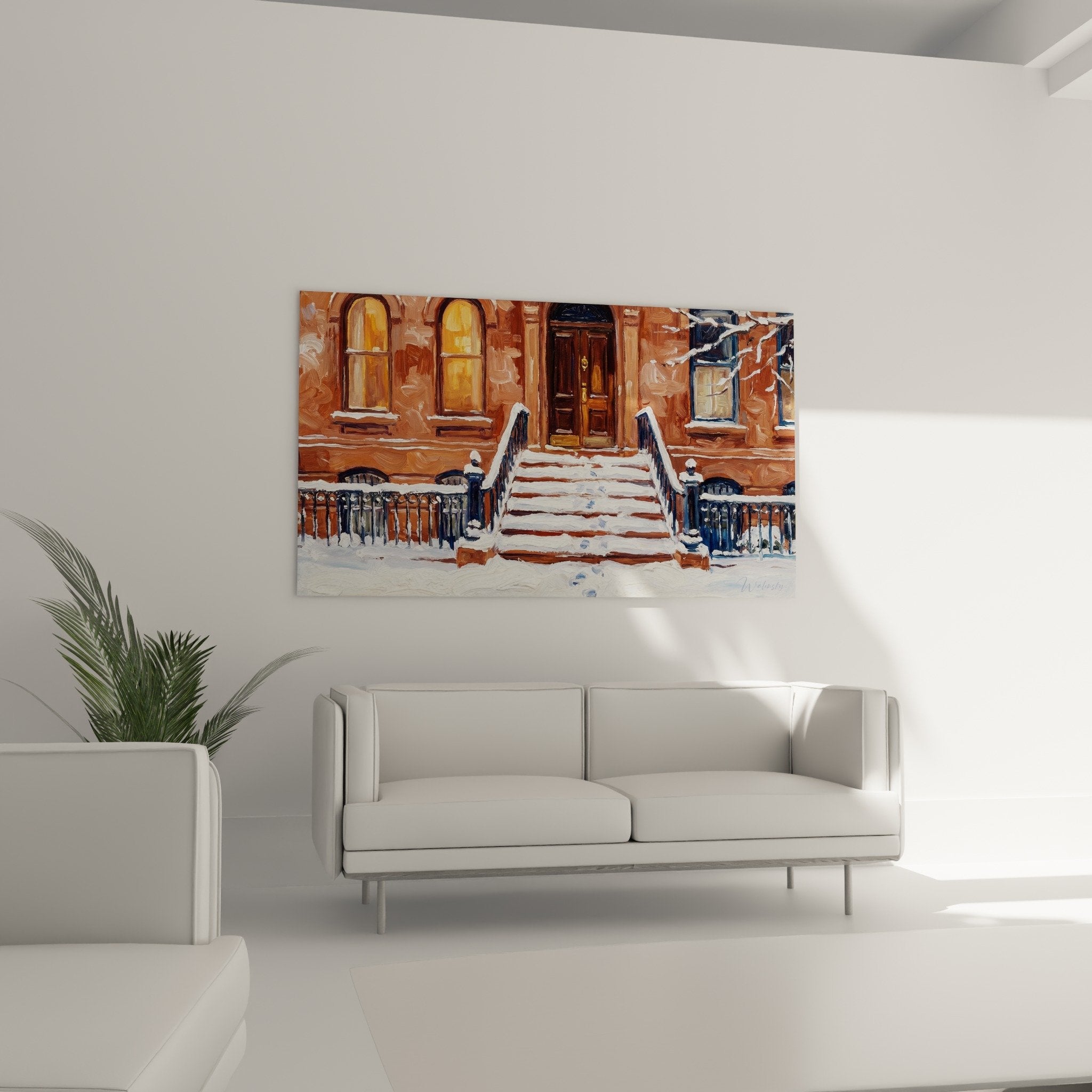 Détail tableau façade brownstone Manhattan porte bois rampe fer forgé neige peinture texturée