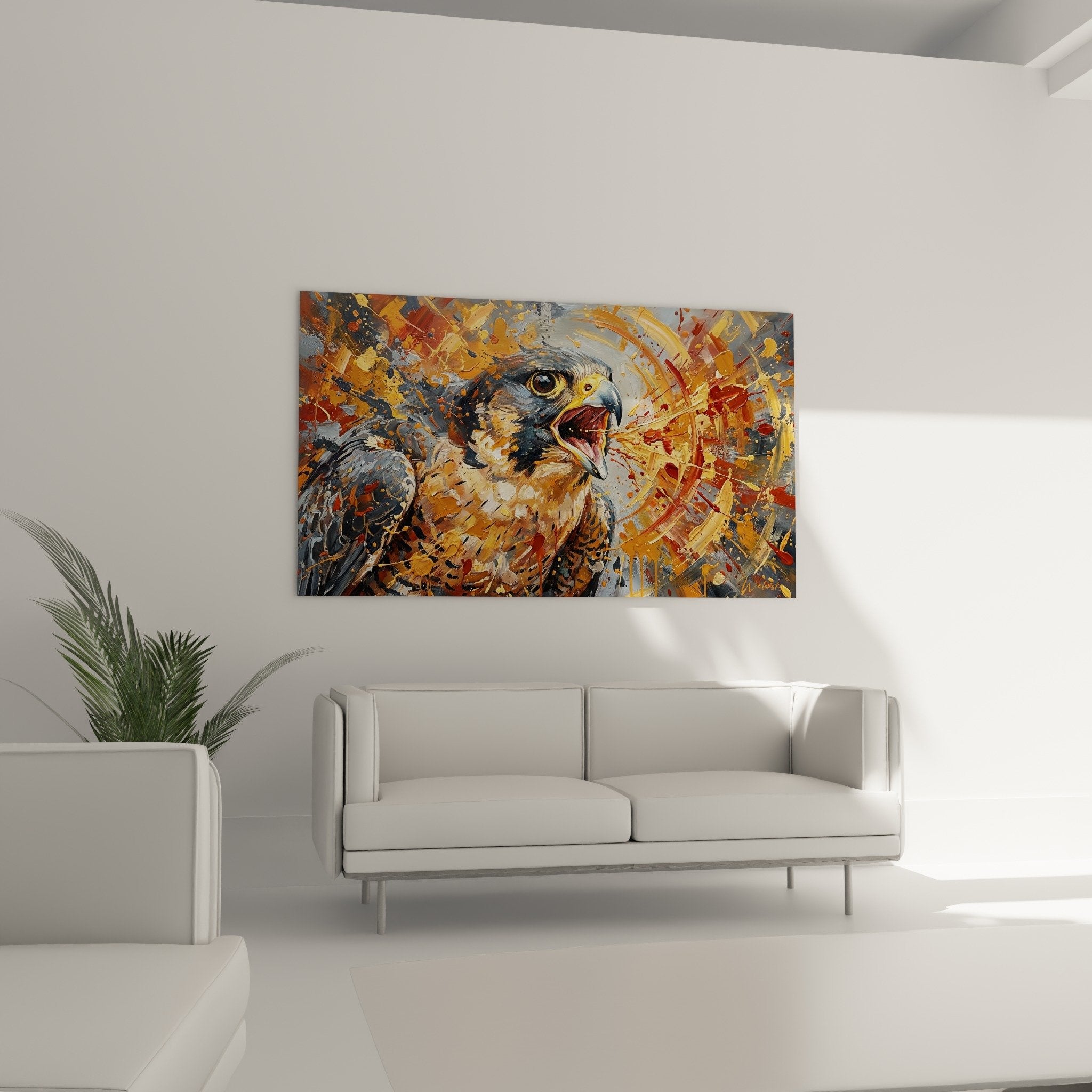 Falcon detail expressive painting golden eyes feathered texture brushstrokes color splashes close-up