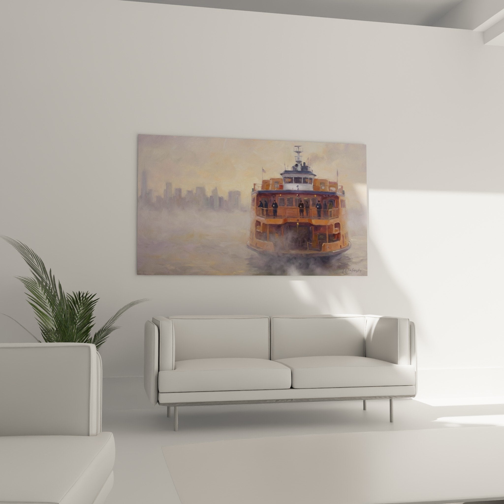 Detail ferry orange passagers pont brume matinale reflets eau calme peinture maritime Saten Island