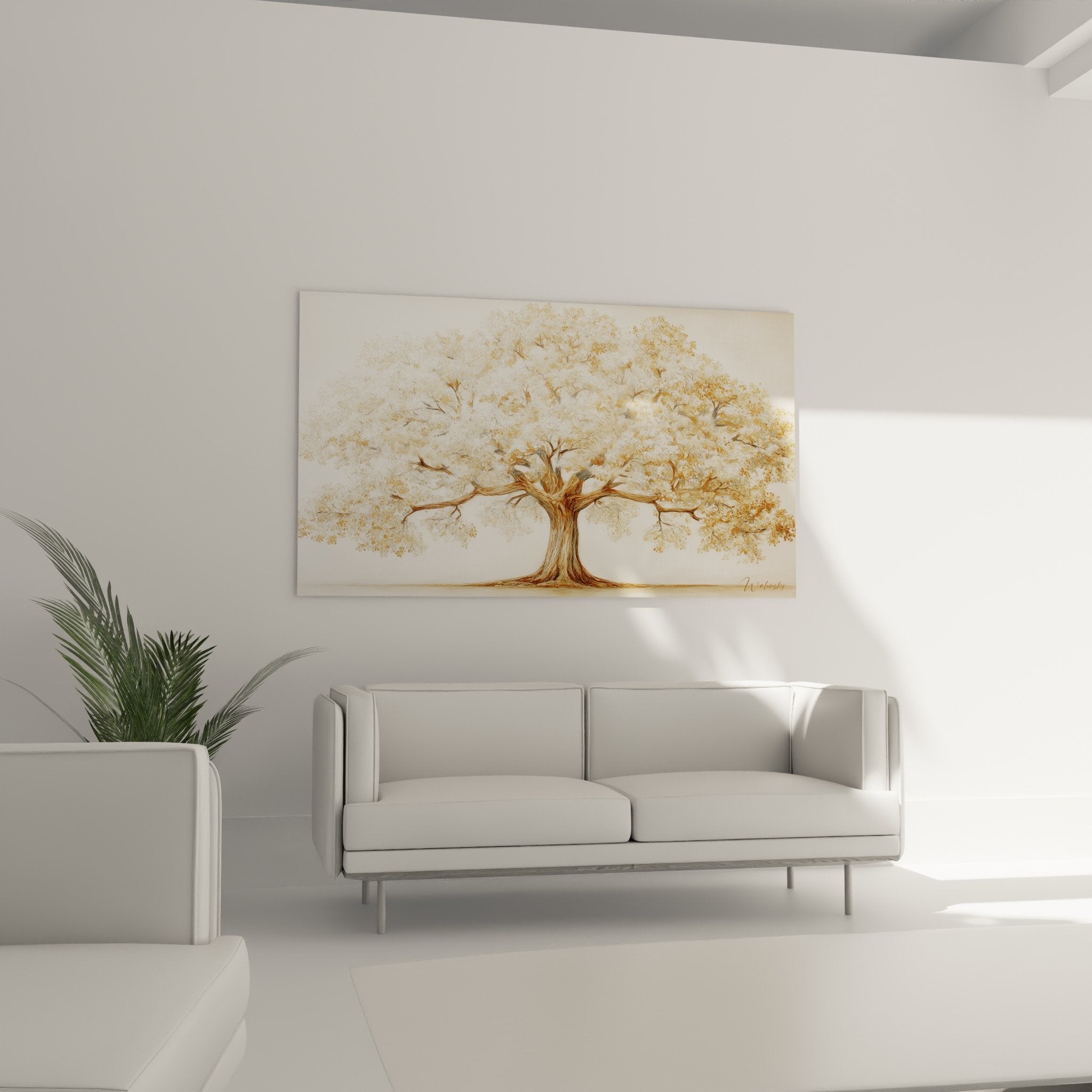 Détail rapproché feuillage doré et texture délicate de l'arbre de vie avec nuances beiges subtiles