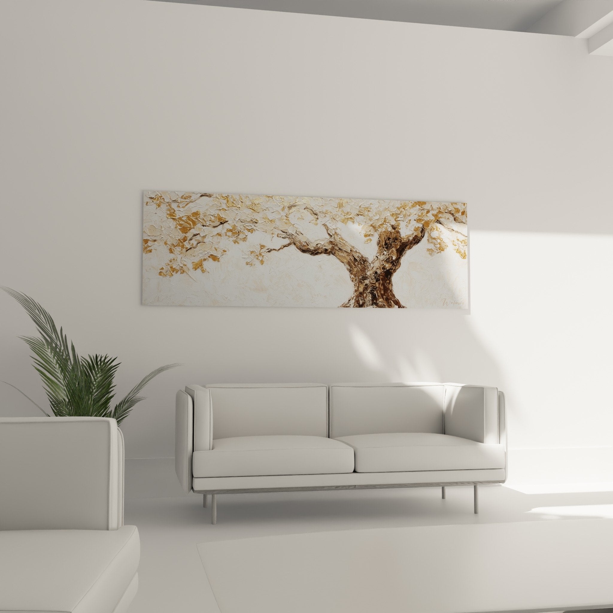 Détail feuillage doré tableau arbre de vie, texture relief empâtement peinture tons ocre bronze