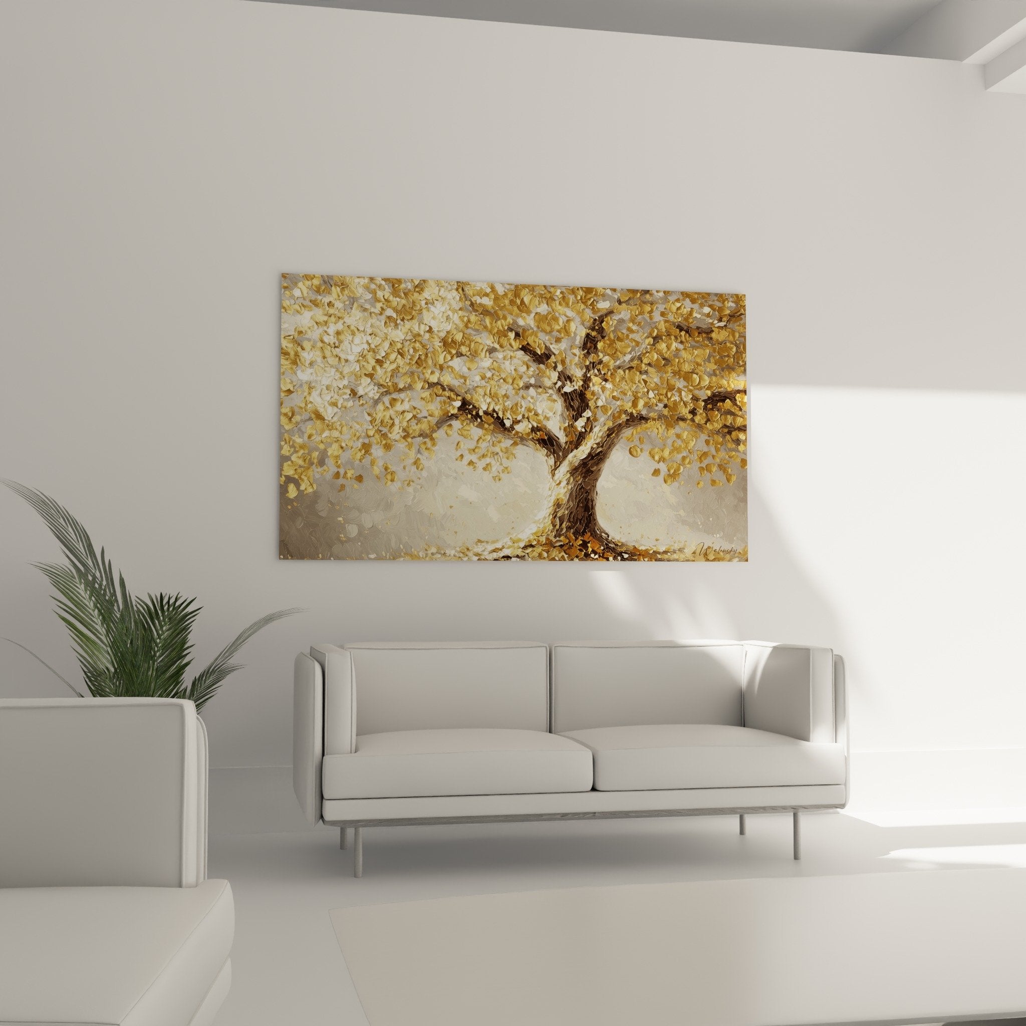 Close-up golden foliage texture tree of life artwork, palette knife painting technique with shimmering reliefs