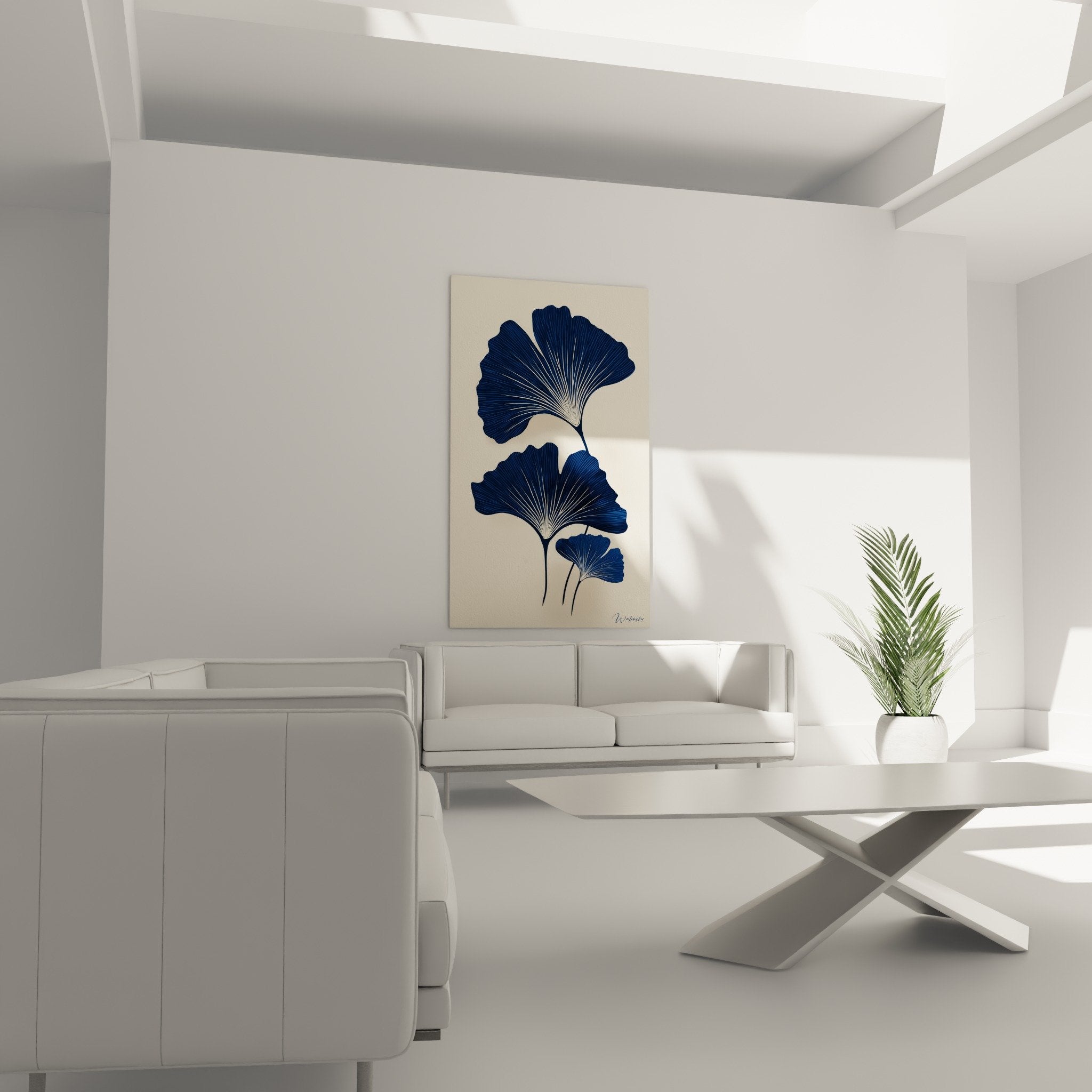 Detail feuille ginkgo bleu marine nervures fines texture artistique botanique contemporain