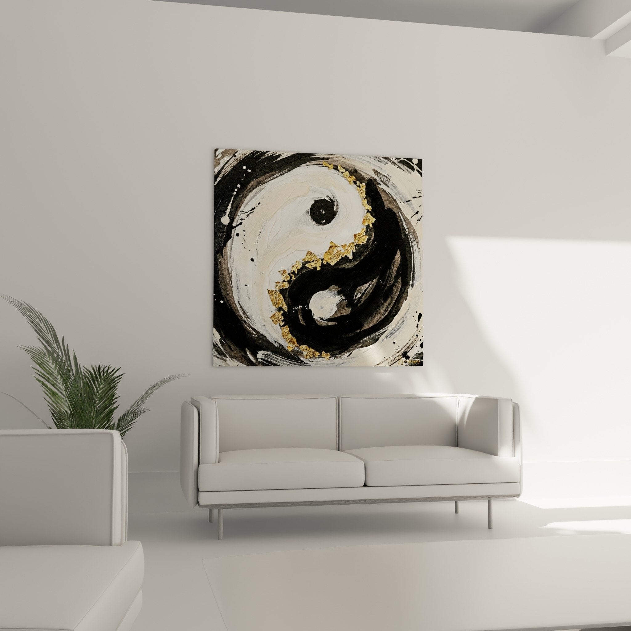 detail feuille or spirale yin yang peinture abstraite texture brushstroke noir blanc