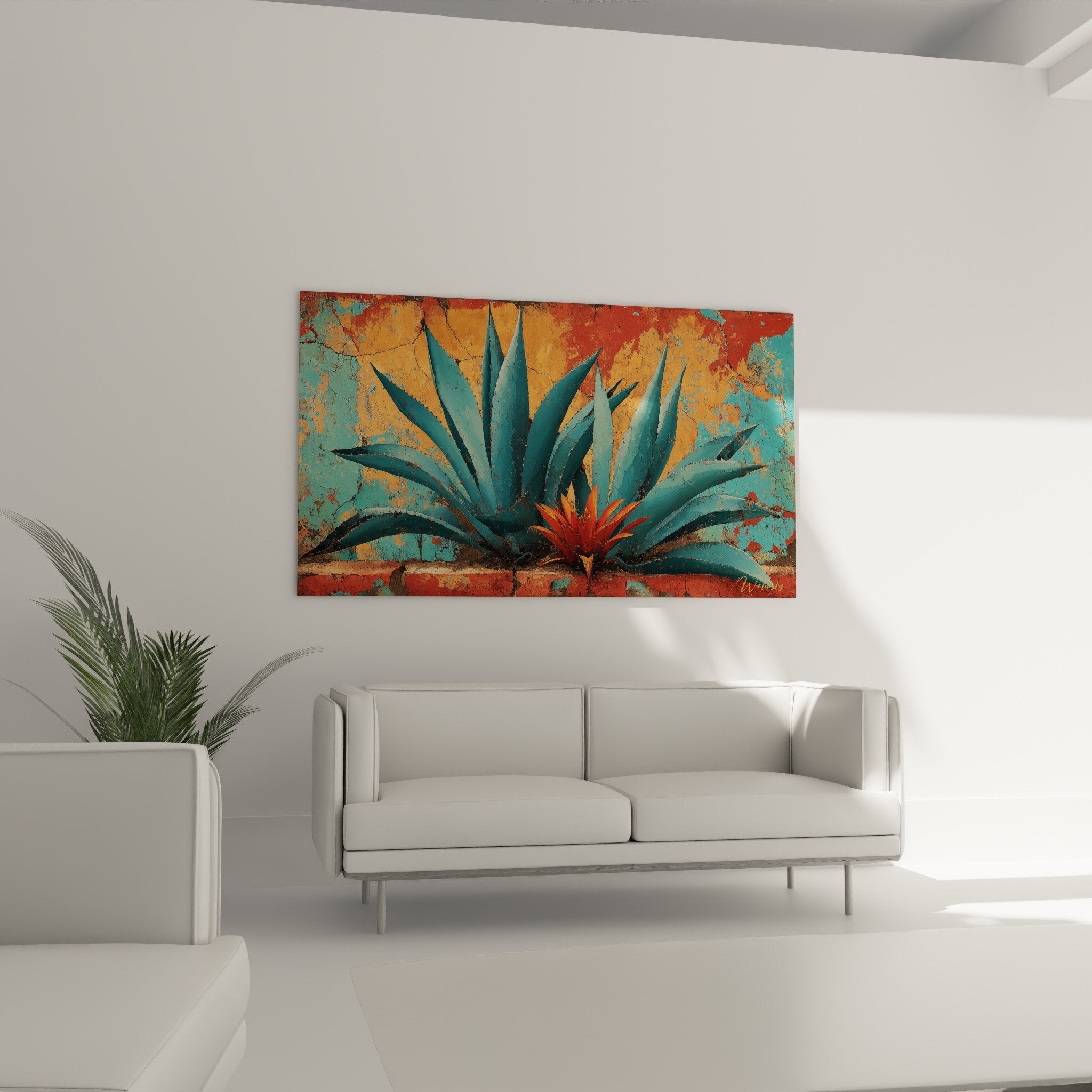 Detail feuilles agave bleu-vert texture craquelée orange rouge brique art cubisme contemporain
