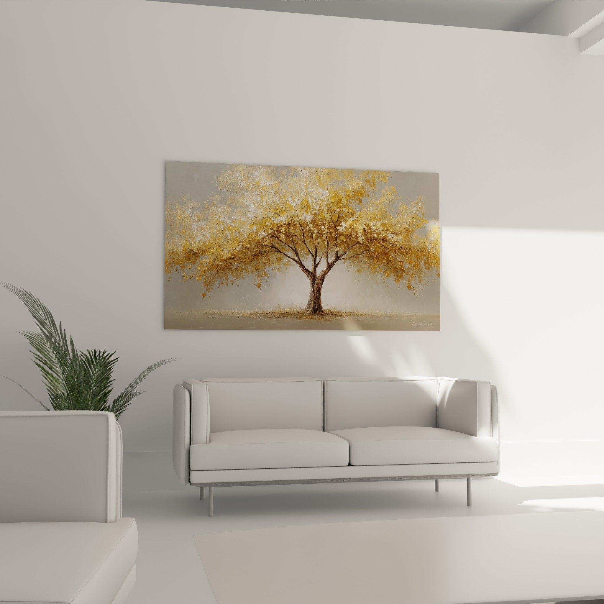 Detail feuilles dorees arbre de vie, texture picturale delicate, nuances ocre bronze chatoyantes