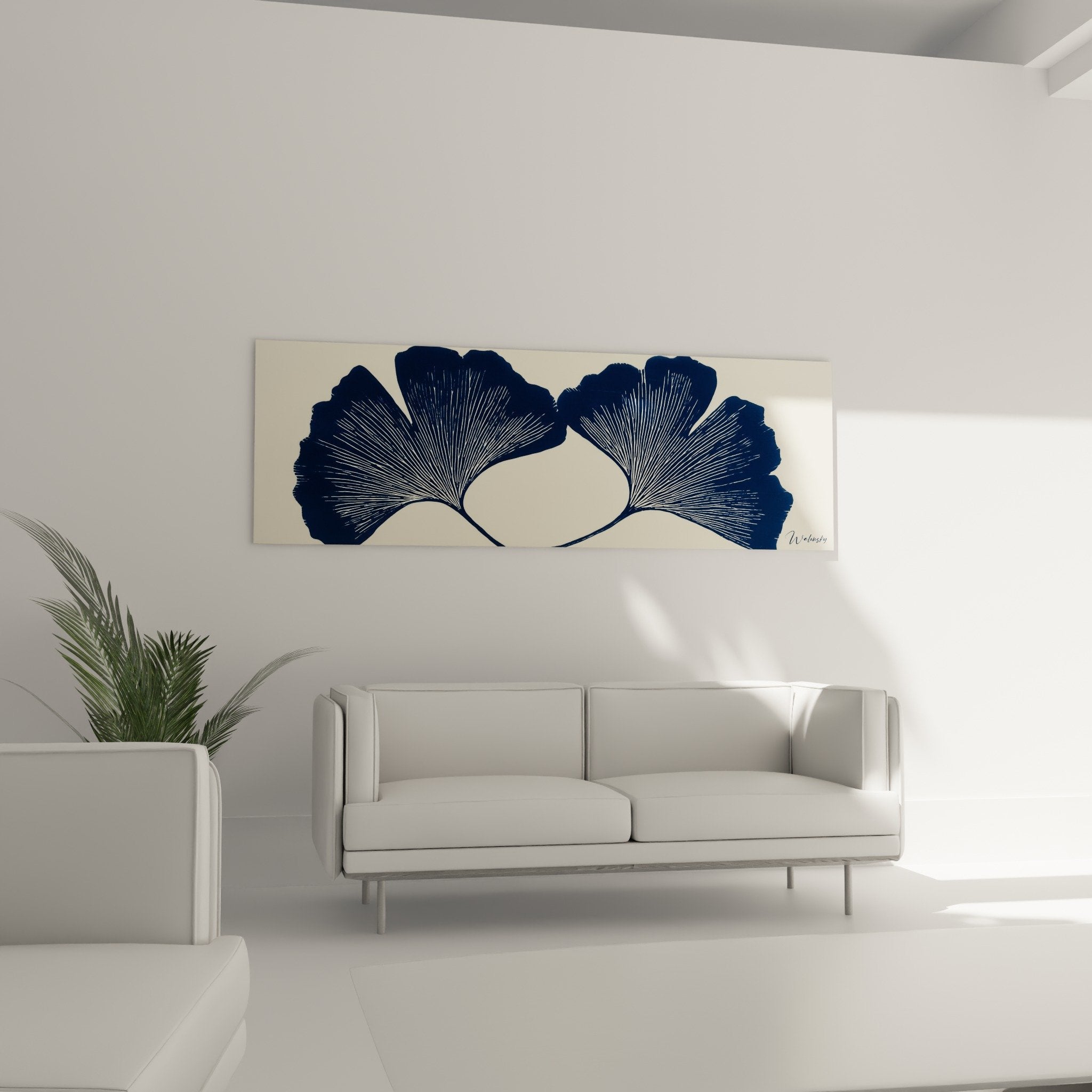 Détail feuilles ginkgo bleu marine nervures délicates dégradé couleur art botanique moderne