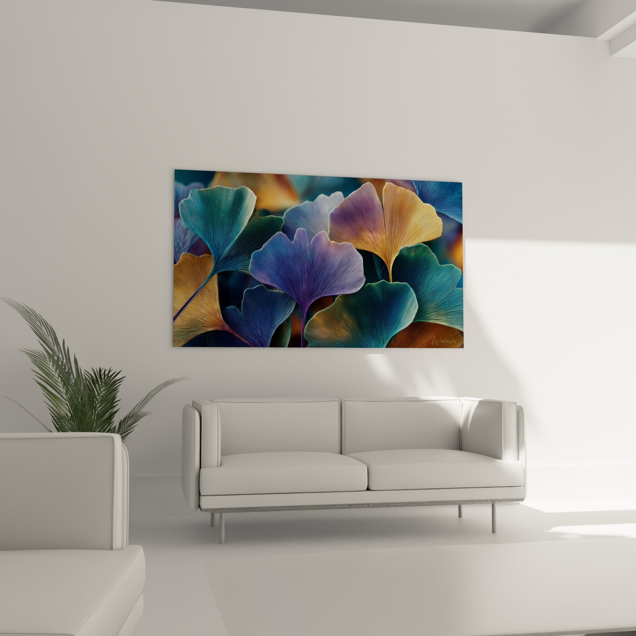 Detailed multicolored ginkgo leaves, blue violet to gold gradient, artistic vein textures