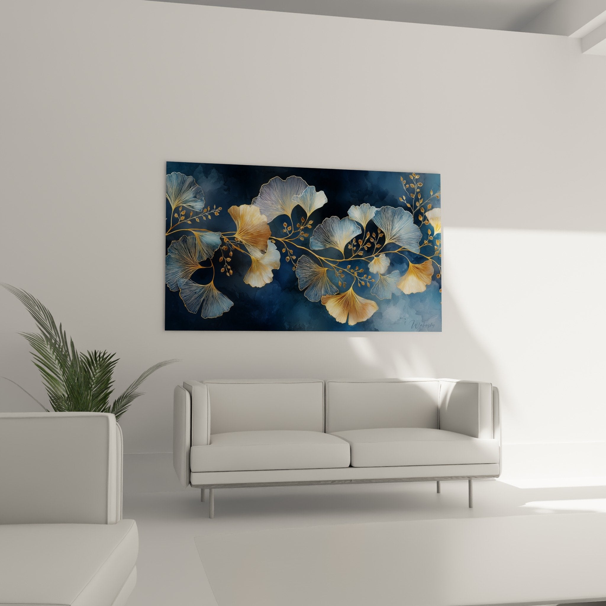 Détail feuilles ginkgo aux reflets dorés argentés sur fond bleu atmosphérique texture artistique raffinée