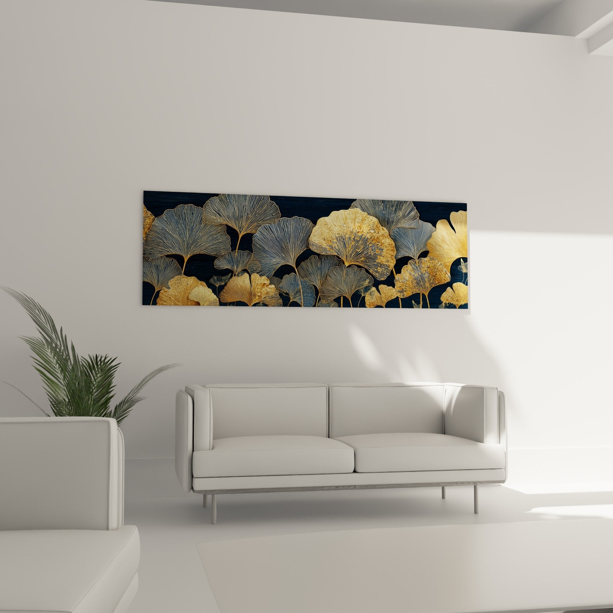 Détail rapproché feuilles de Ginkgo aux reflets dorés cuivrés et nervures finement ciselées sur bleu