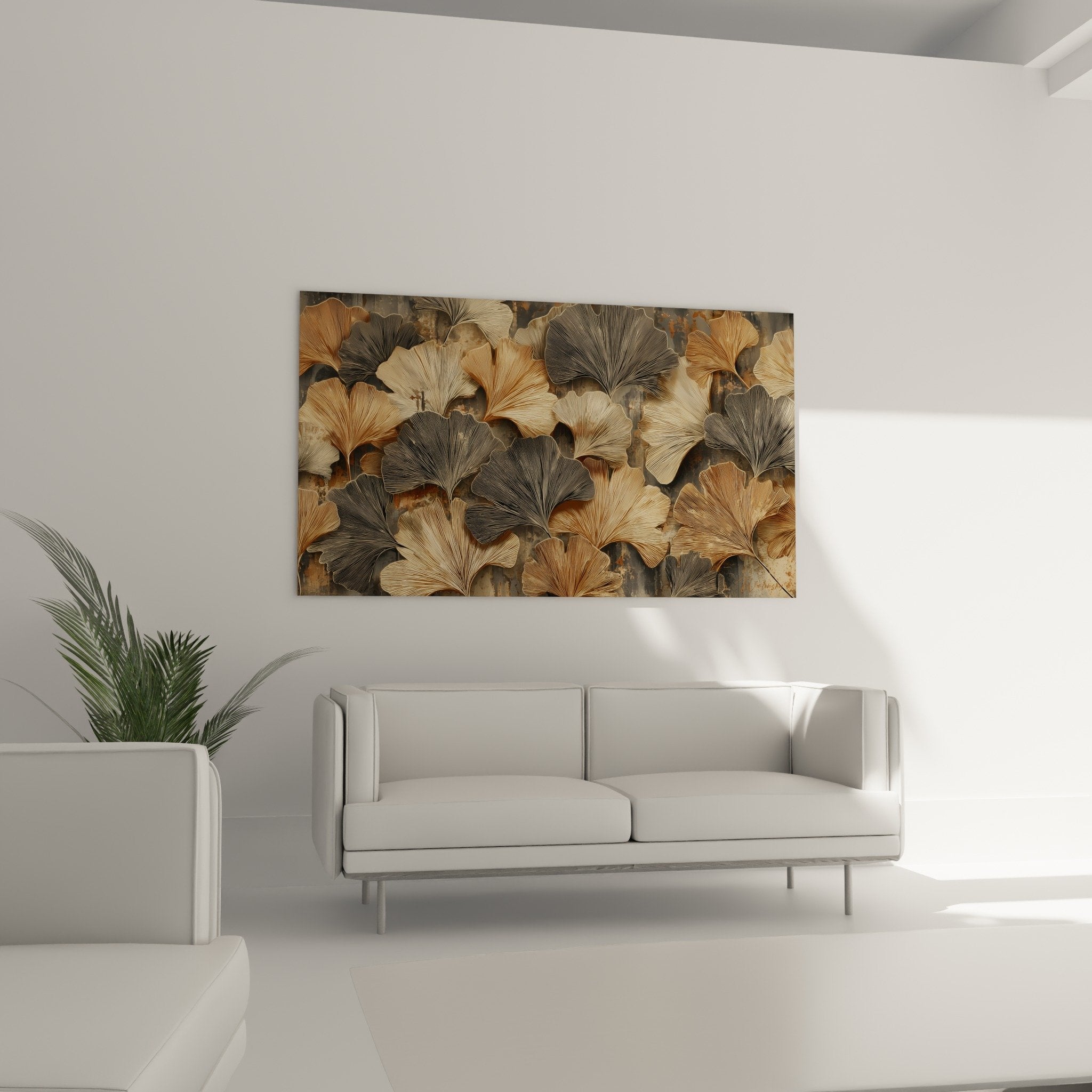 Gros plan feuilles ginkgo metalliques gravures detaillees texture relief art botanique