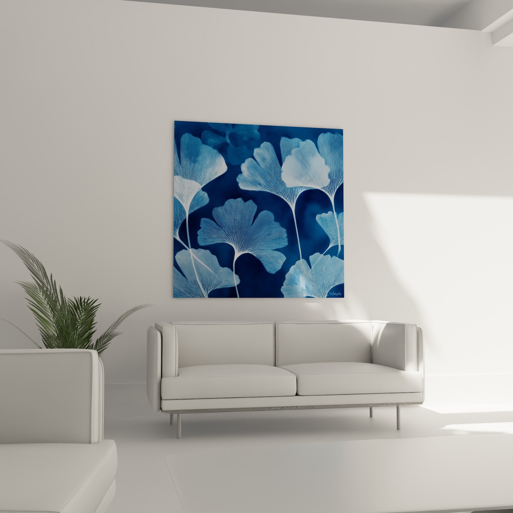 Detail feuilles ginkgo nervures blanches fond bleu marine texture cyanotype art botanique precis