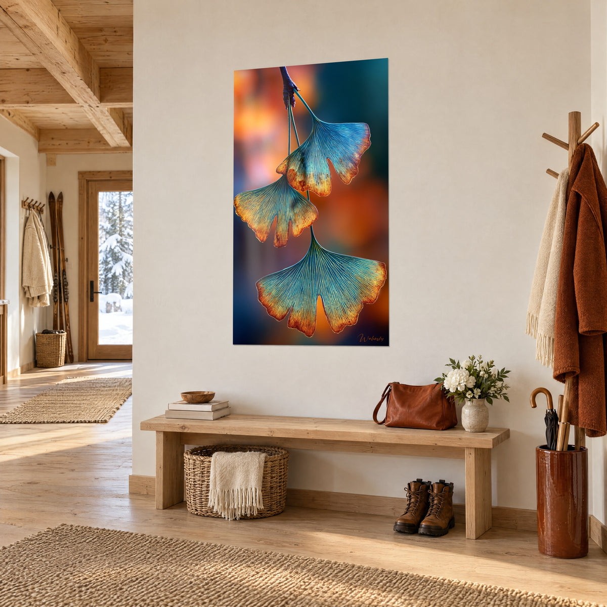 Quadro ventagli di ginkgo nervati, bordi arancio bruciato e cuore blu anatra, ingresso di chalet in legno chiaro