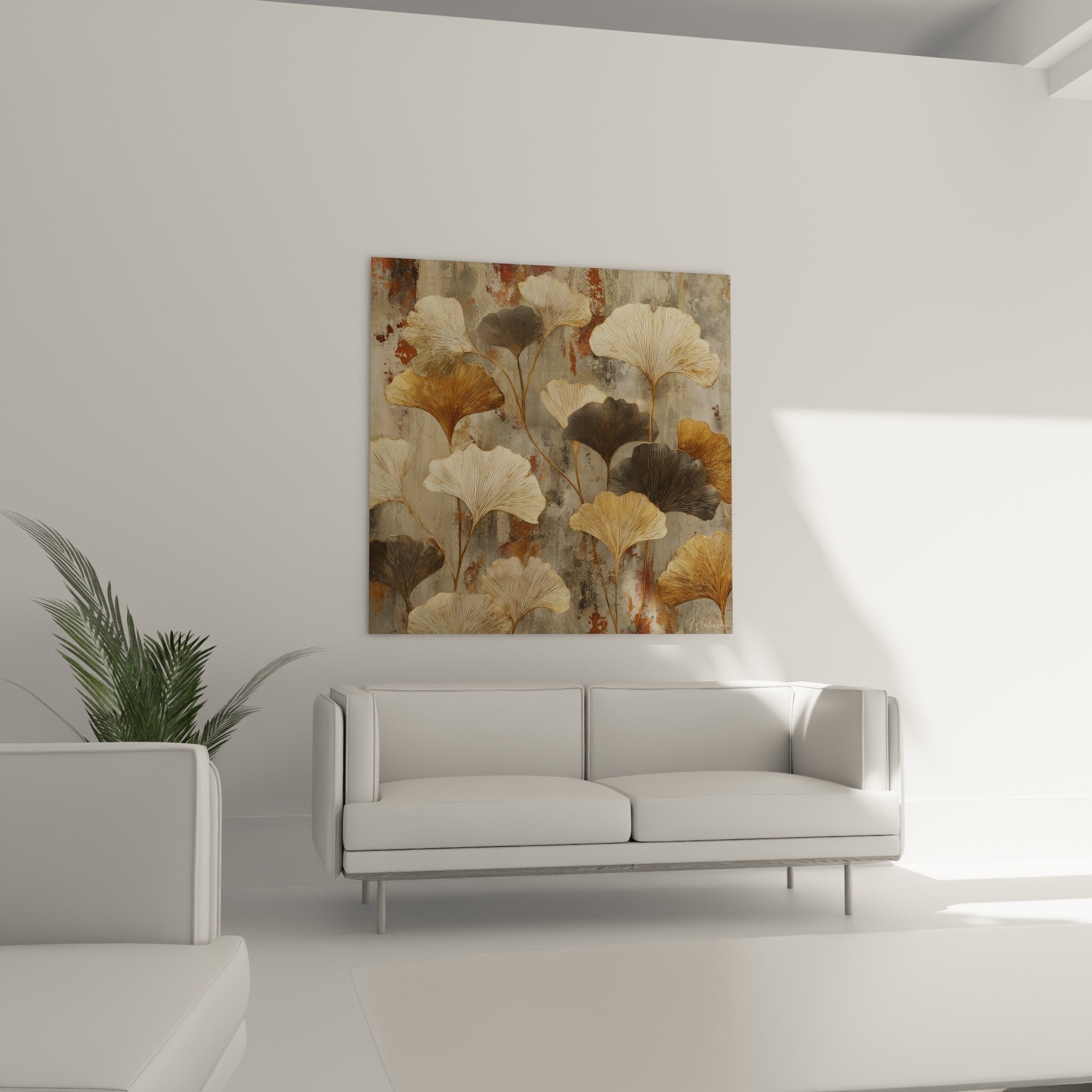 Detail feuilles ginkgo nervures dorees nuances grises texture fond patine style artistique botanique