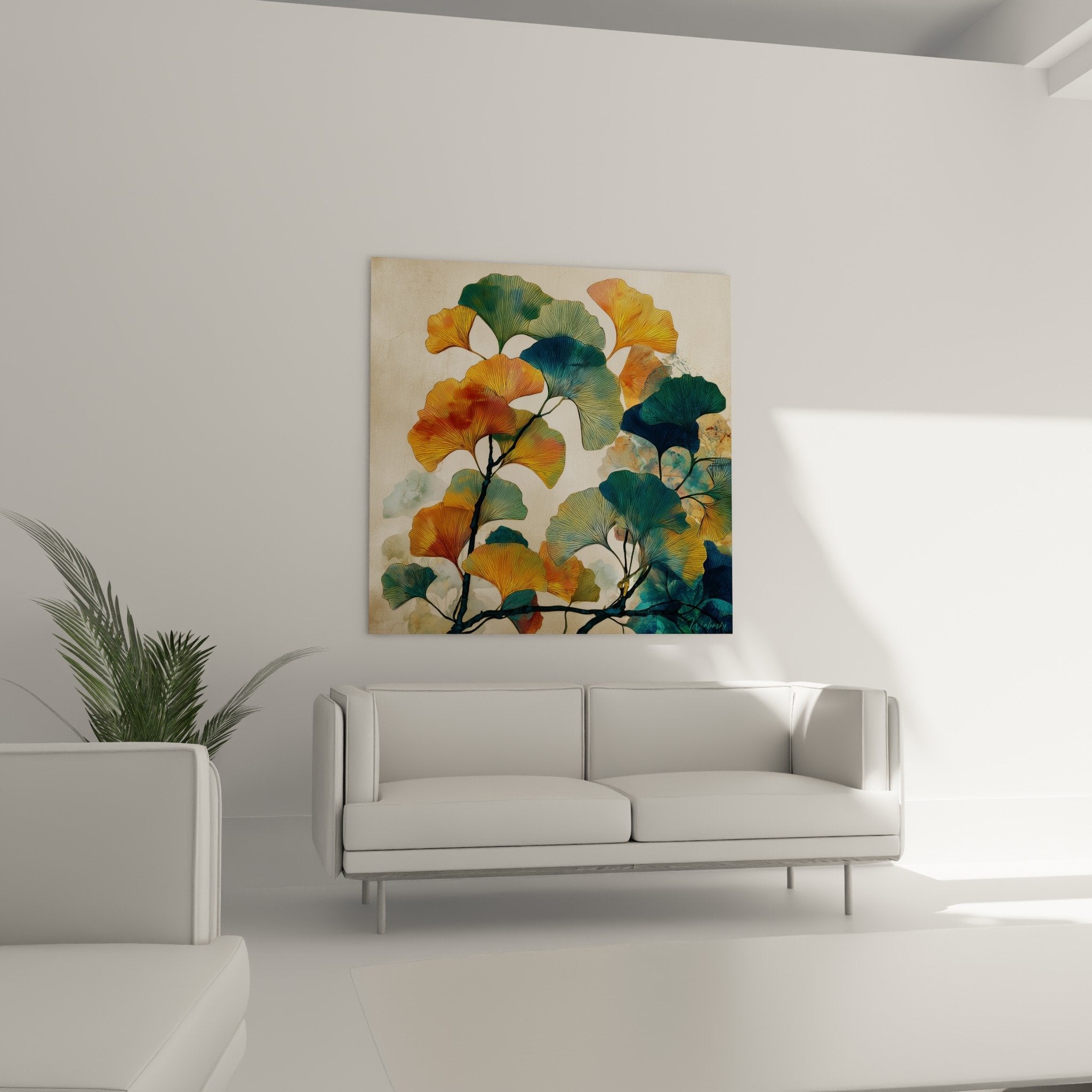 Détail feuilles Ginkgo en éventail nervures dorées et bleu-vert peinture artistique botanique