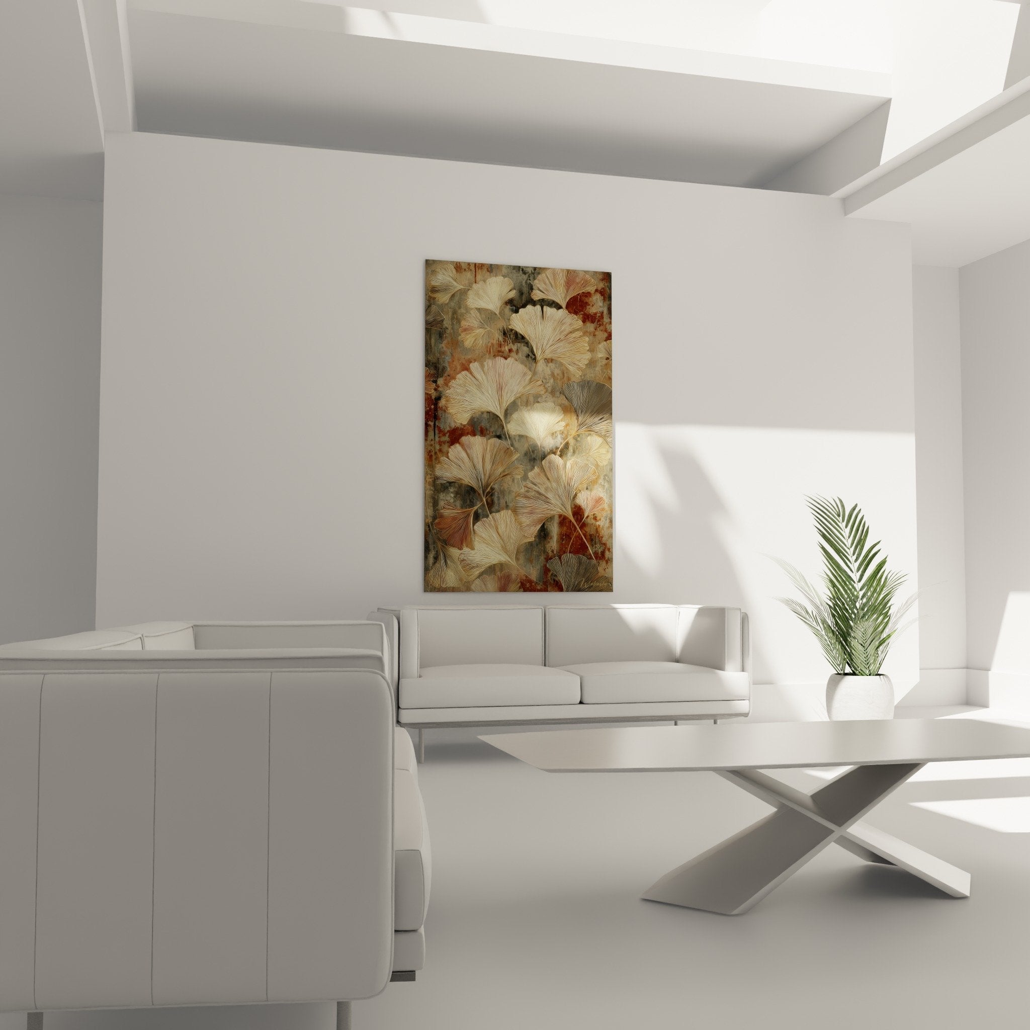 detail feuilles ginkgo nervures gravees reflets dores texture relief art mural