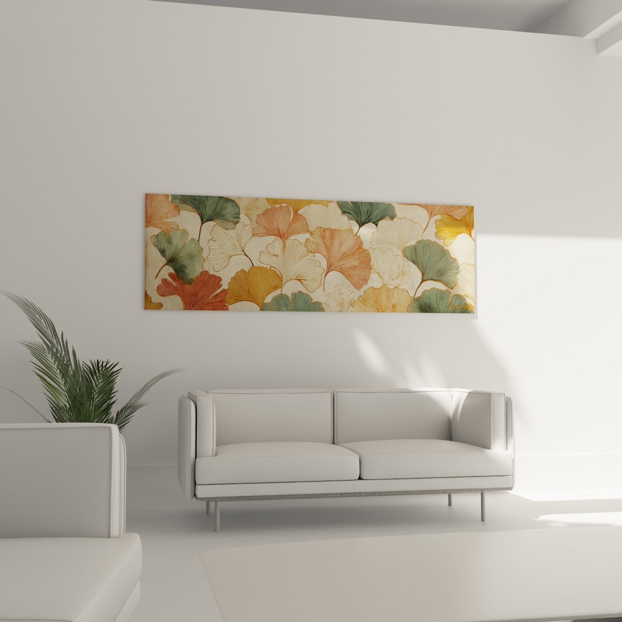 Detail feuilles ginkgo nervures delicates couleurs ocre beige vert texture artistique botanique contemporain