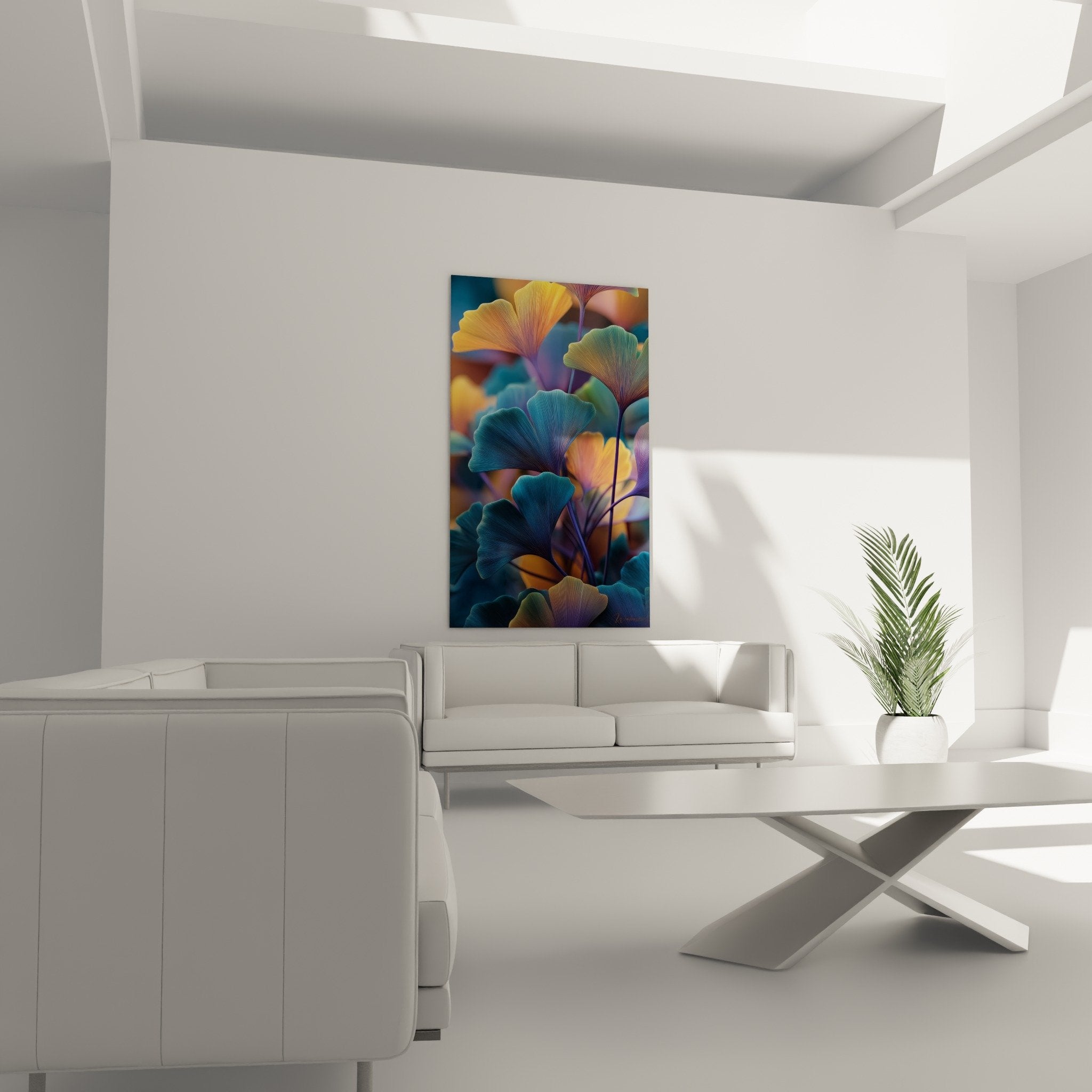 Gros plan feuilles ginkgo aux nervures detaillees tons turquoise cuivre texture artistique