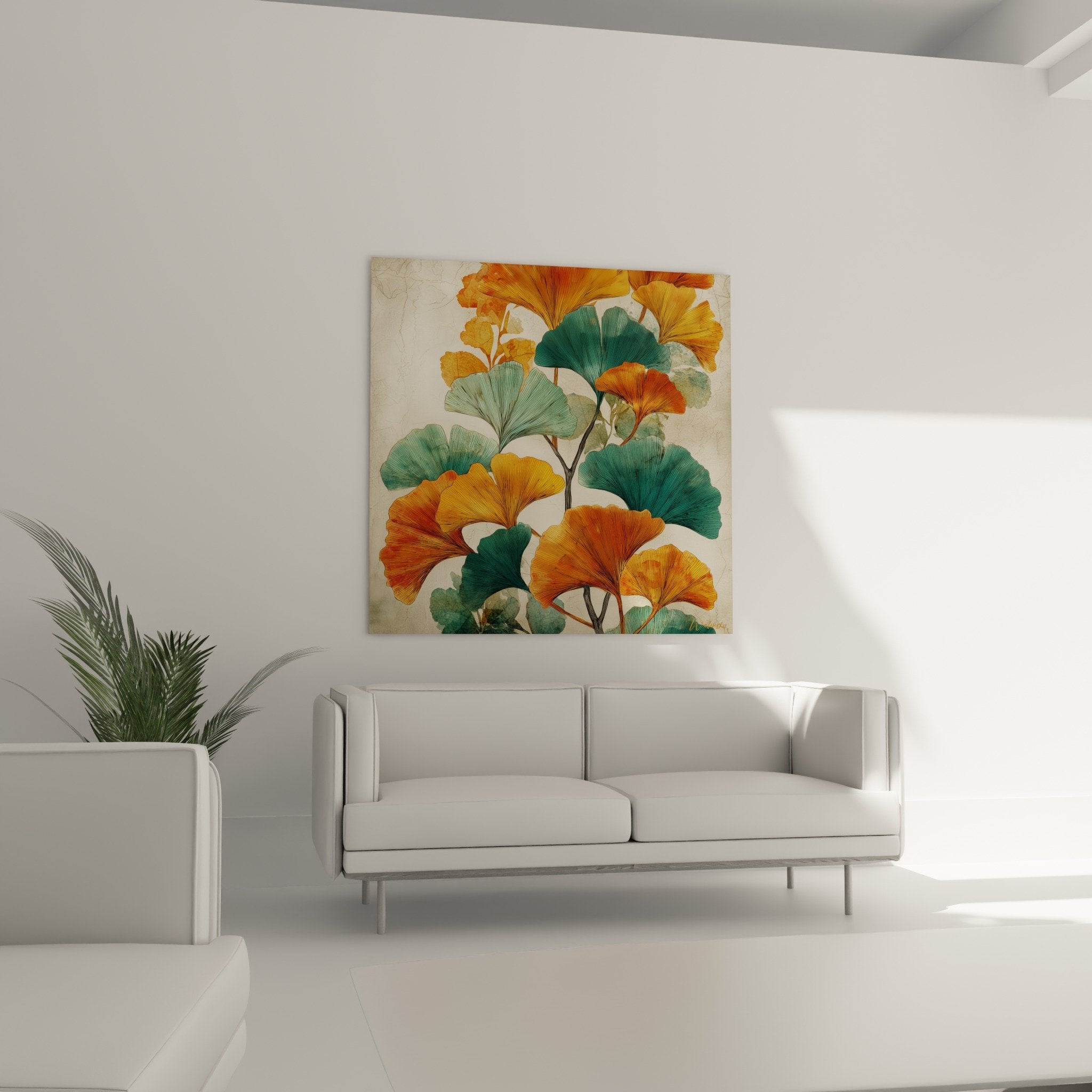 Détail feuilles de ginkgo aux nervures finement ciselées teintes émeraude et orange