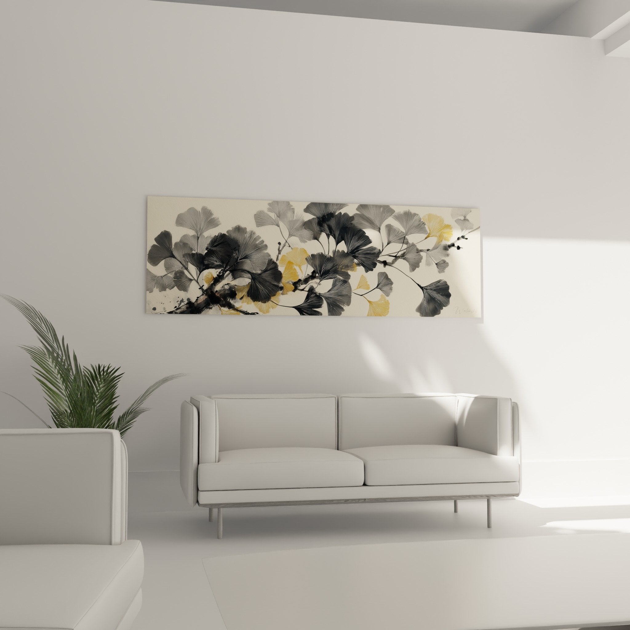 Detail feuilles ginkgo nervurees nuances gris anthracite jaune dore sur branche encre noire