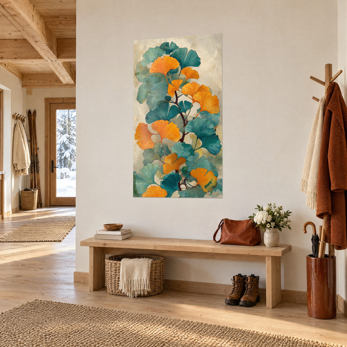 Schilderij met amberkleurige en petrolblauwe ginkgo-waaierbladeren op een gebarsten beige achtergrond, naast een houten bank in de entree van een chalet