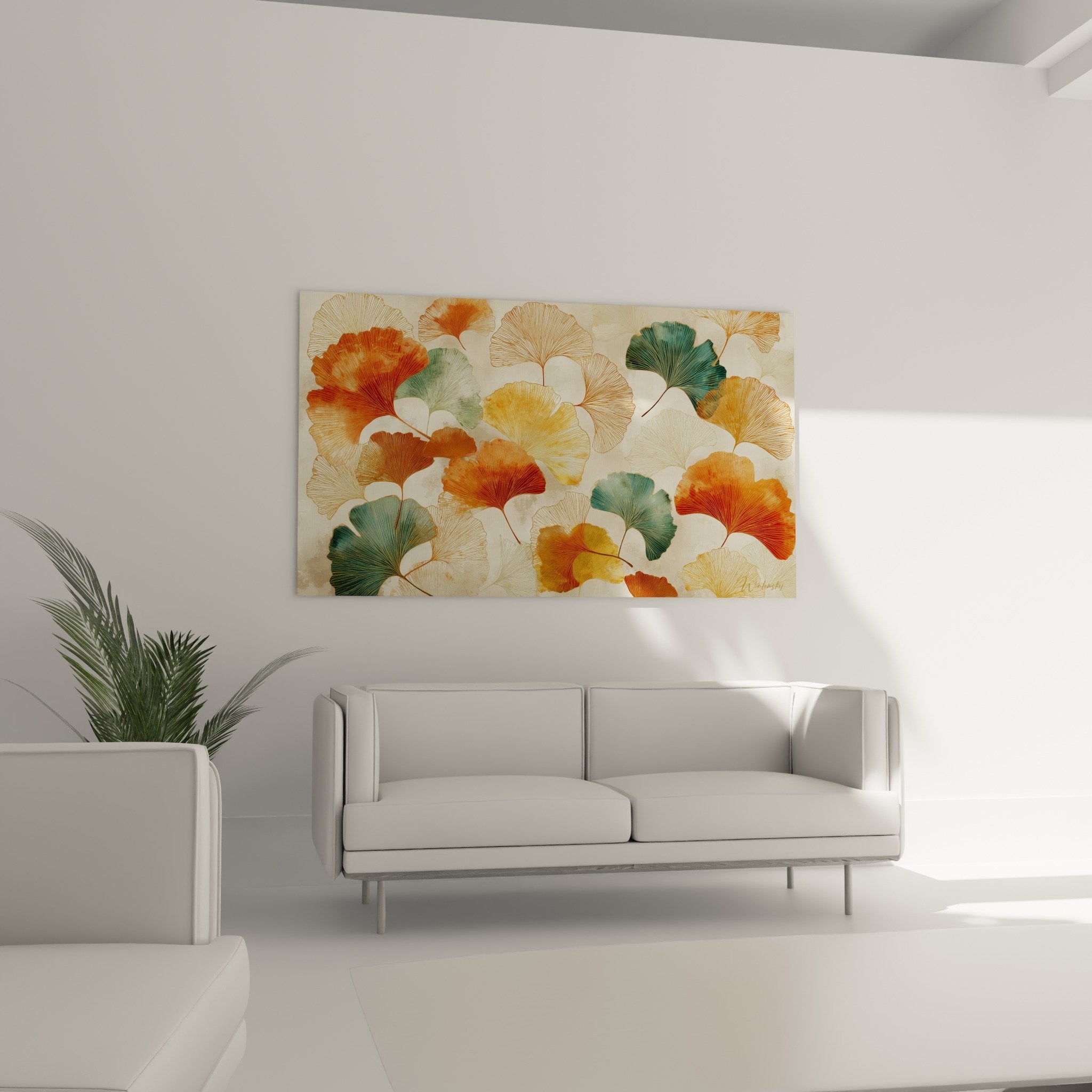 Ginkgo-Blätter in Orange und Türkis mit goldenem Aderwerk Aquarell-Effekt künstlerische botanische Textur