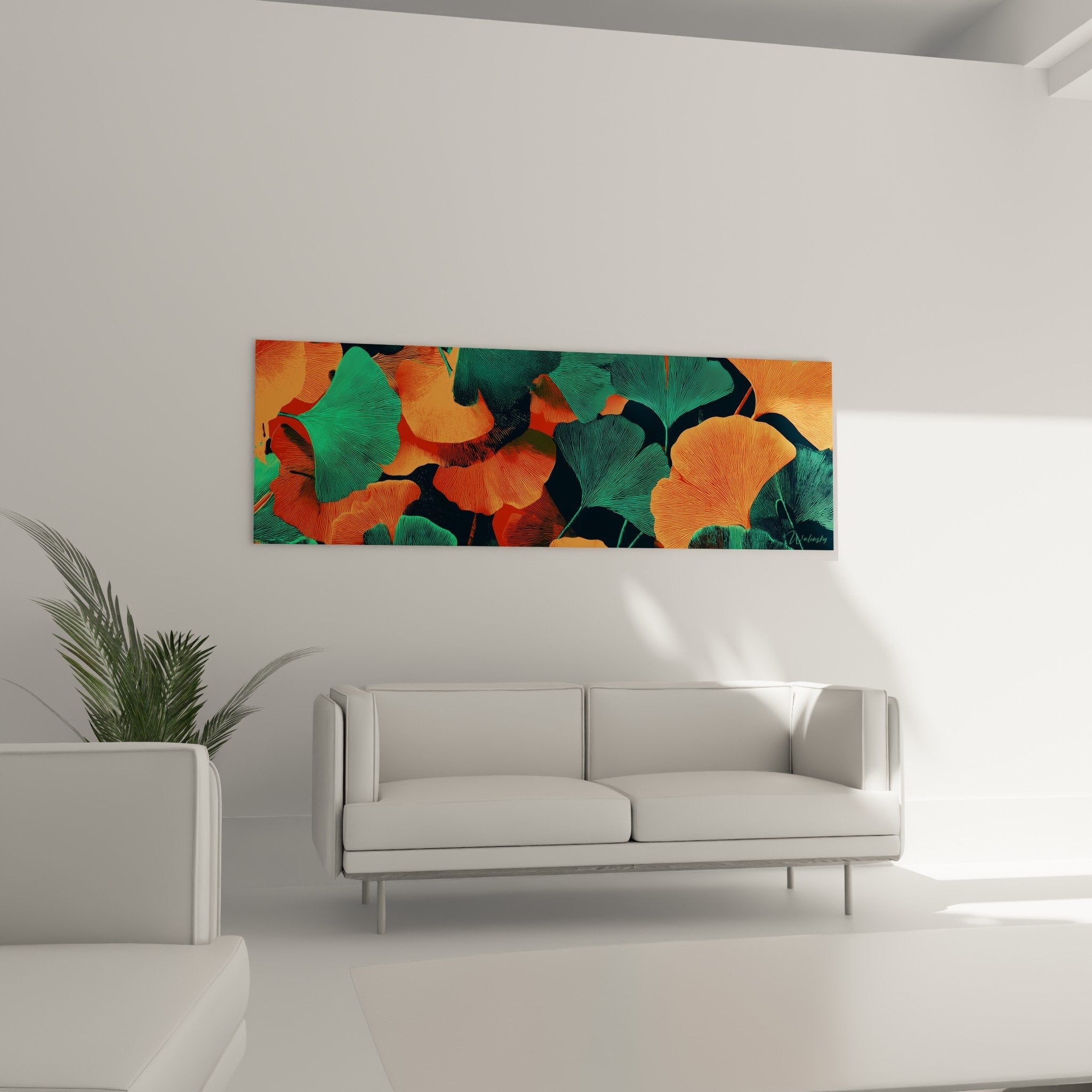 Detail Ginkgo-Blätter Orange Türkis gestreifte Textur Blattadern Fächer zeitgenössische Kunst