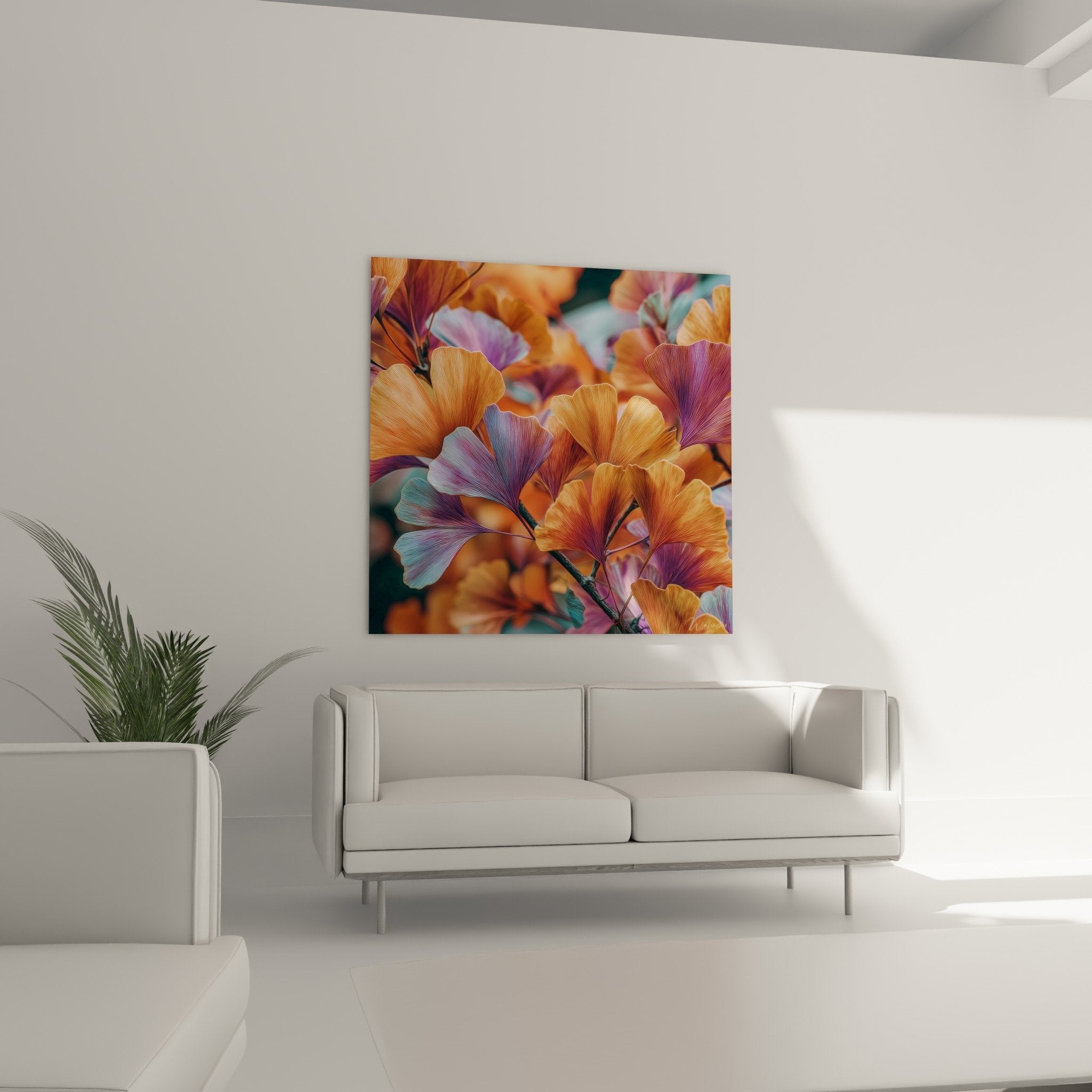 Detail feuilles ginkgo orange violet texture nervures art botanique