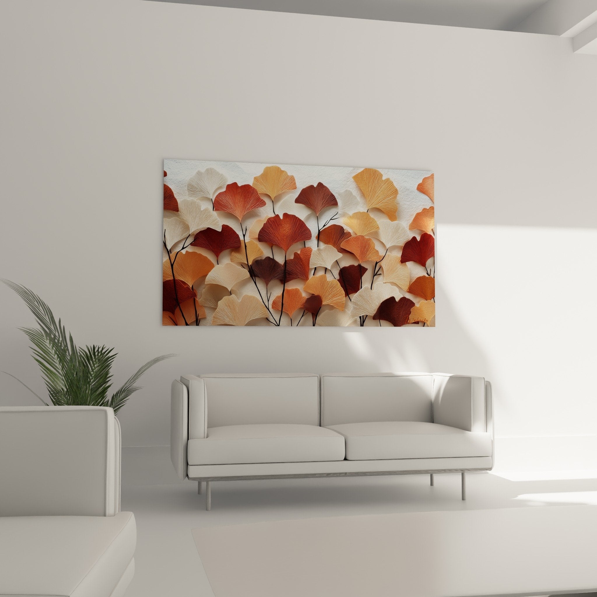 Détail gros plan feuilles ginkgo relief bordeaux ocre beige nervures fines tiges noires