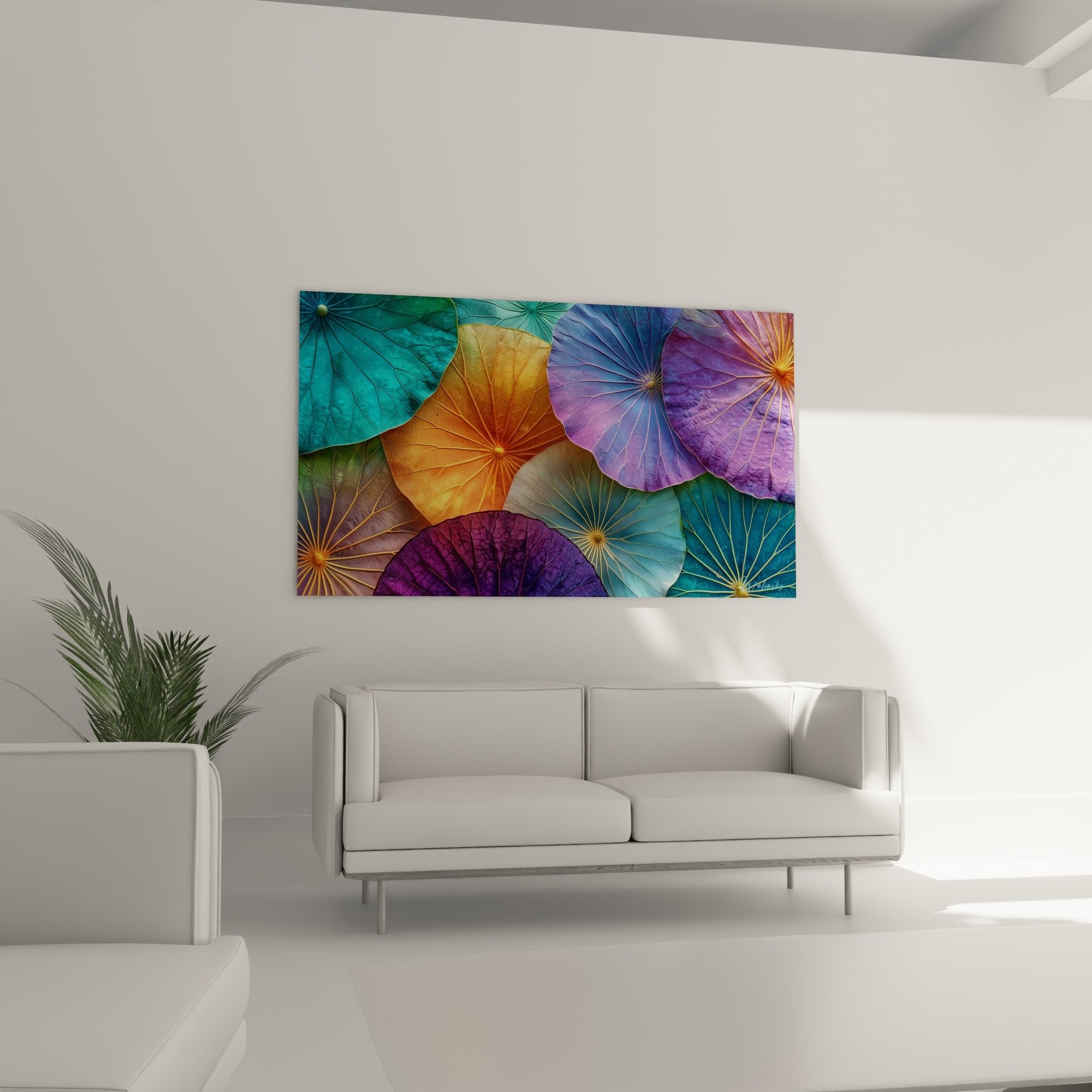 Detail feuilles lotus multicolores nervures dorees texture satinee art contemporain botanique