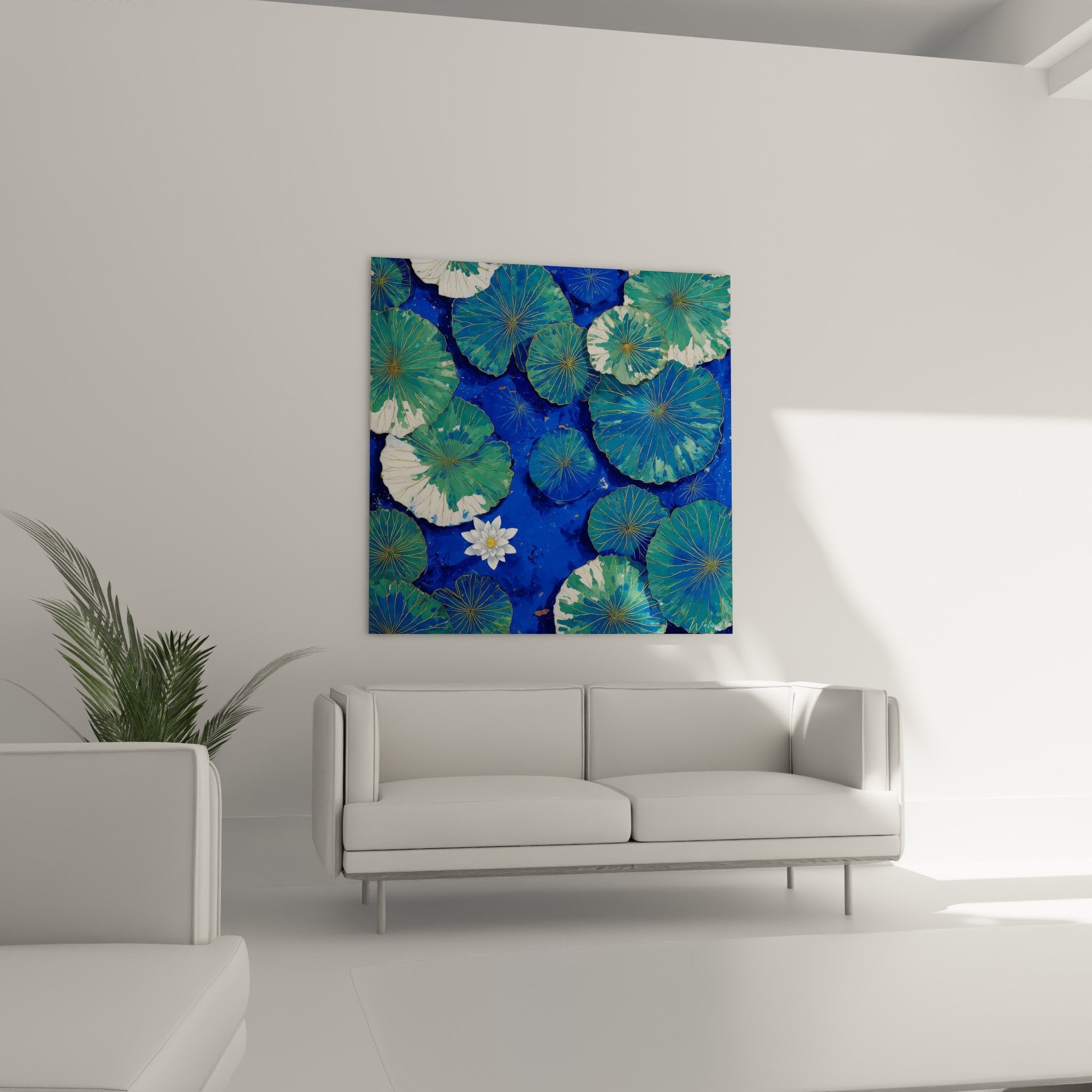 Détail feuilles lotus turquoise nervures dorées fleur blanche centre tableau nénuphares art décoratif