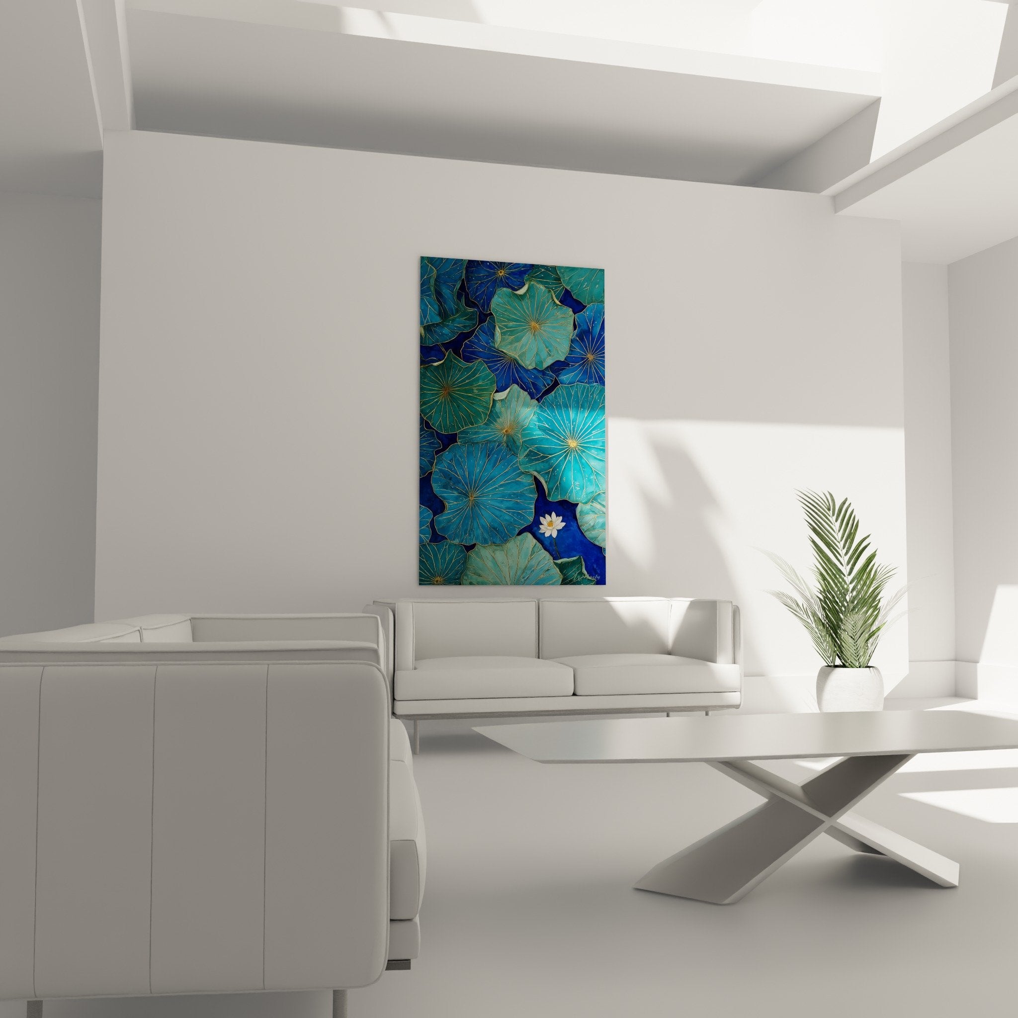 Détail feuilles lotus bleu turquoise aux nervures dorées et fleur blanche immaculée
