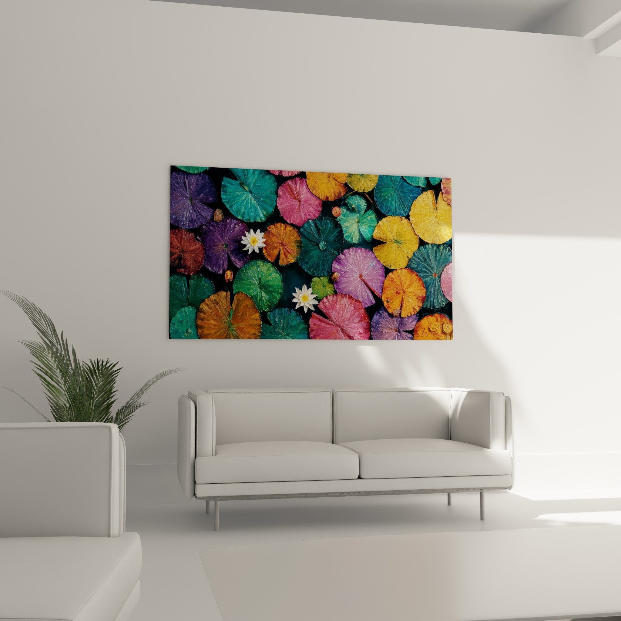 Détail rapproché feuilles nénuphar violettes orange turquoise nervures radiantes fleur lotus blanche eau sombre